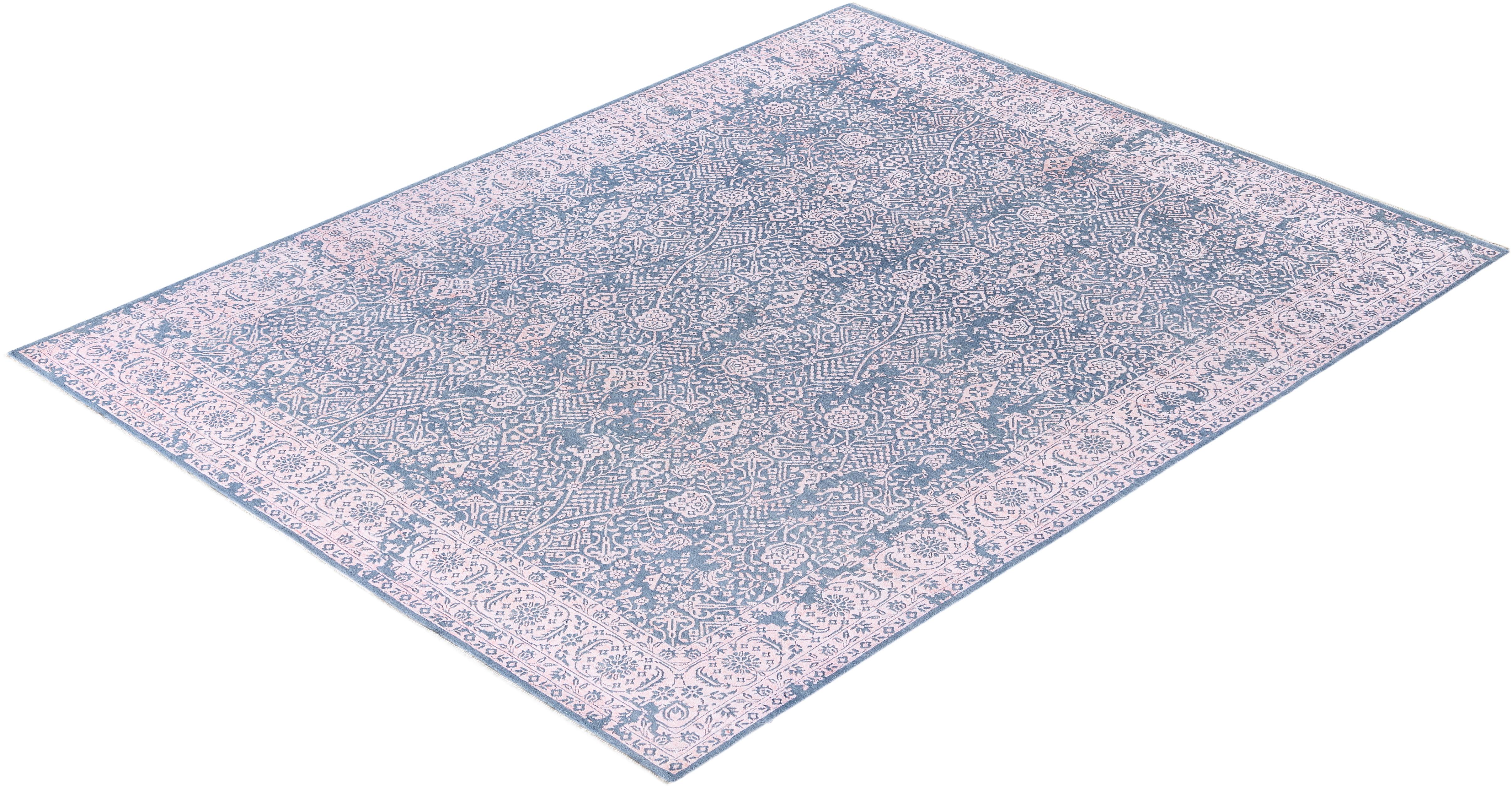Alfombra Tradicional Floral de Lana y Seda Anudada a Mano Gris 8' 0