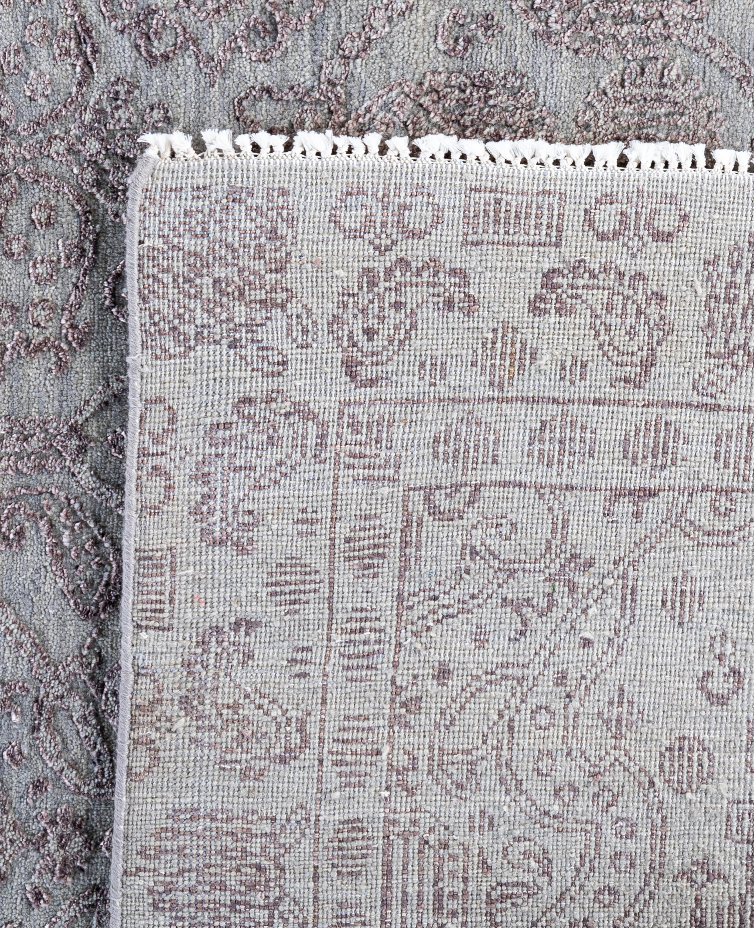 Alfombra Tradicional Floral de Lana y Seda Anudada a Mano, Gris 8' 0