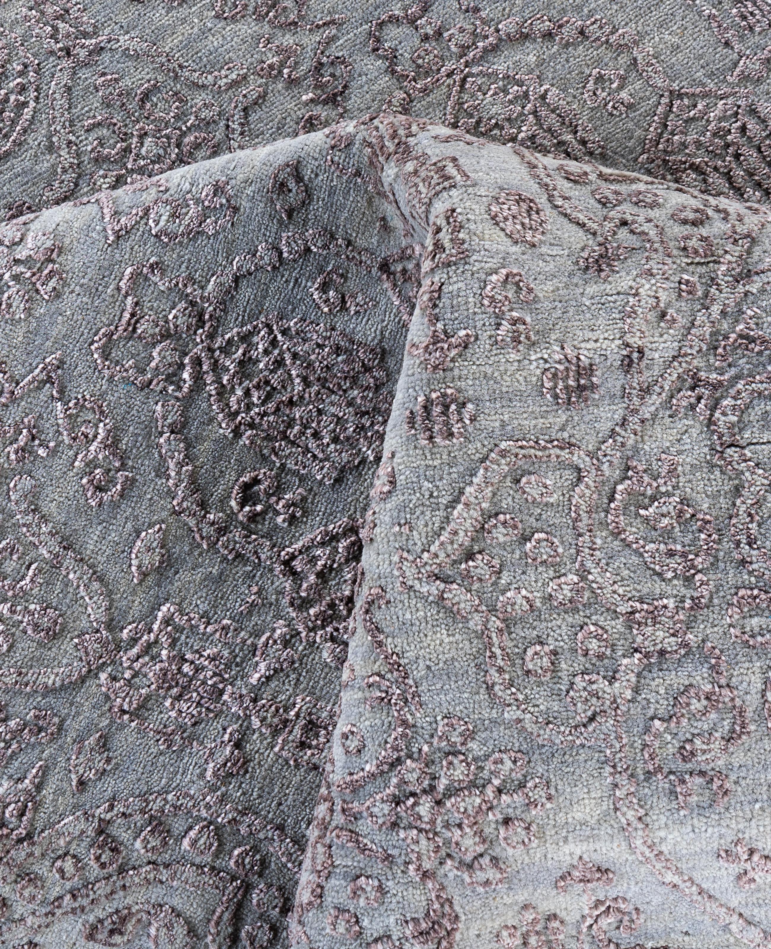 Alfombra Tradicional Floral de Lana y Seda Anudada a Mano, Gris 8' 0