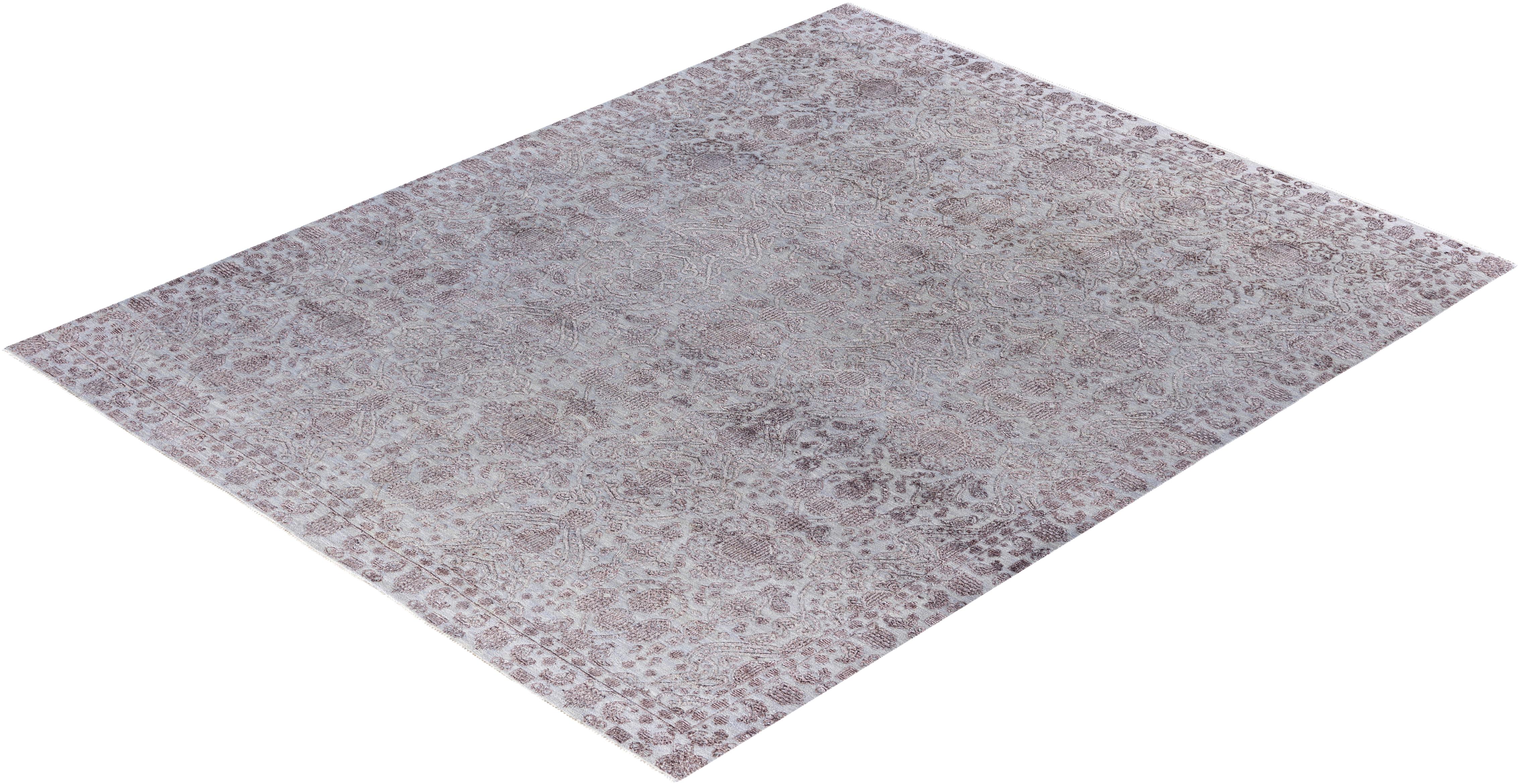 Alfombra Tradicional Floral de Lana y Seda Anudada a Mano, Gris 8' 0