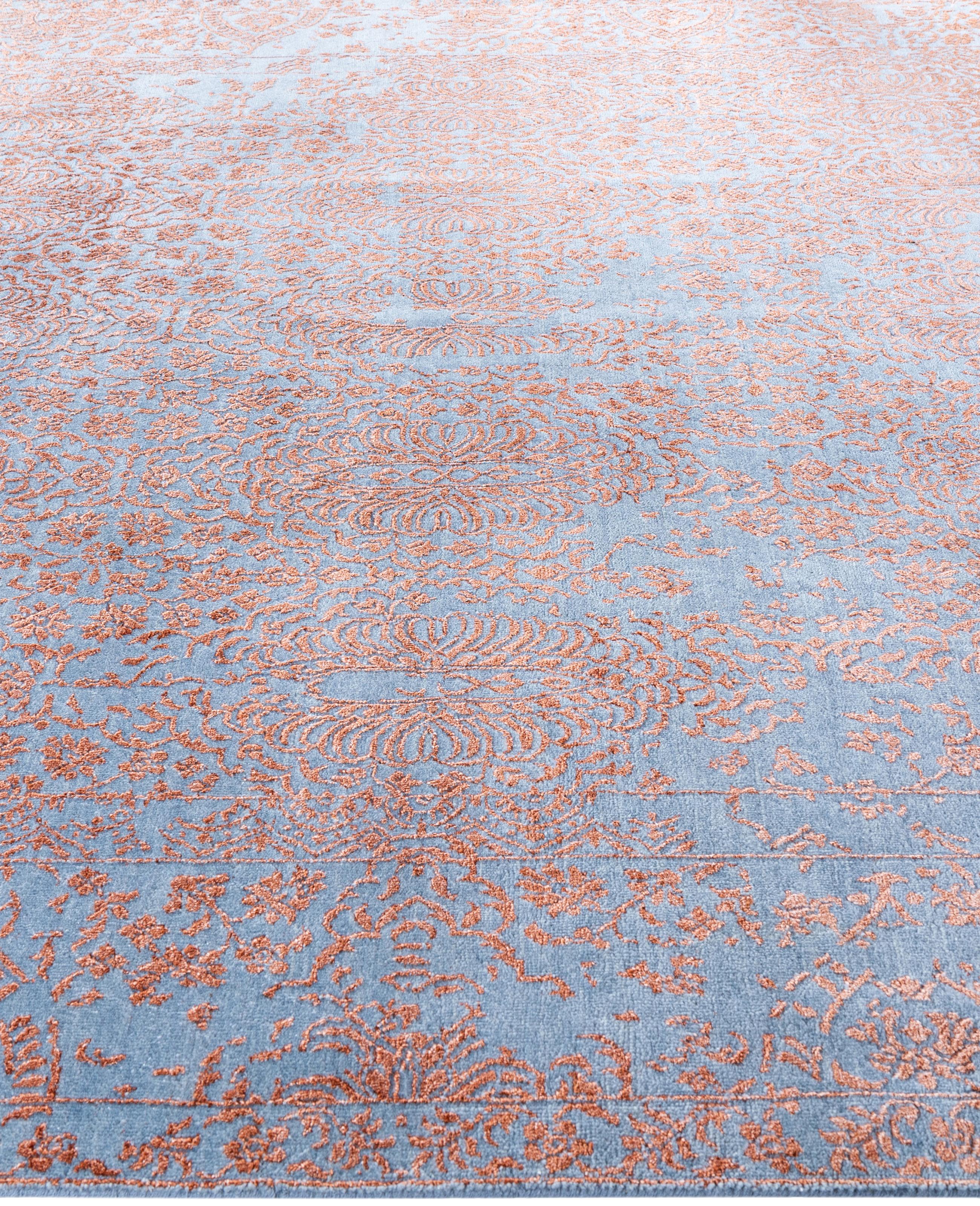 Alfombra Tradicional Floral de Lana y Seda Anudada a Mano, Gris 8' 0