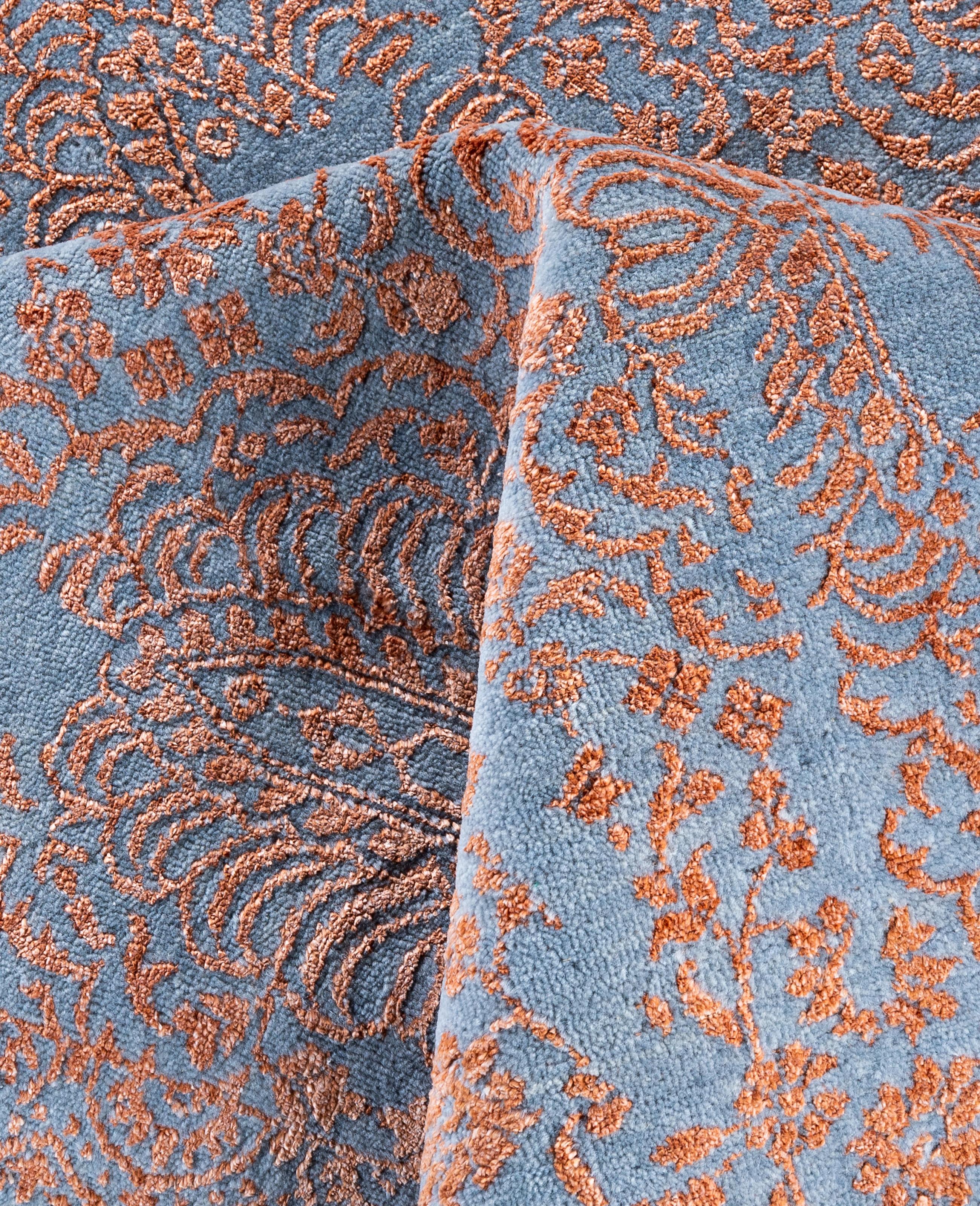 Alfombra Tradicional Floral de Lana y Seda Anudada a Mano, Gris 8' 0