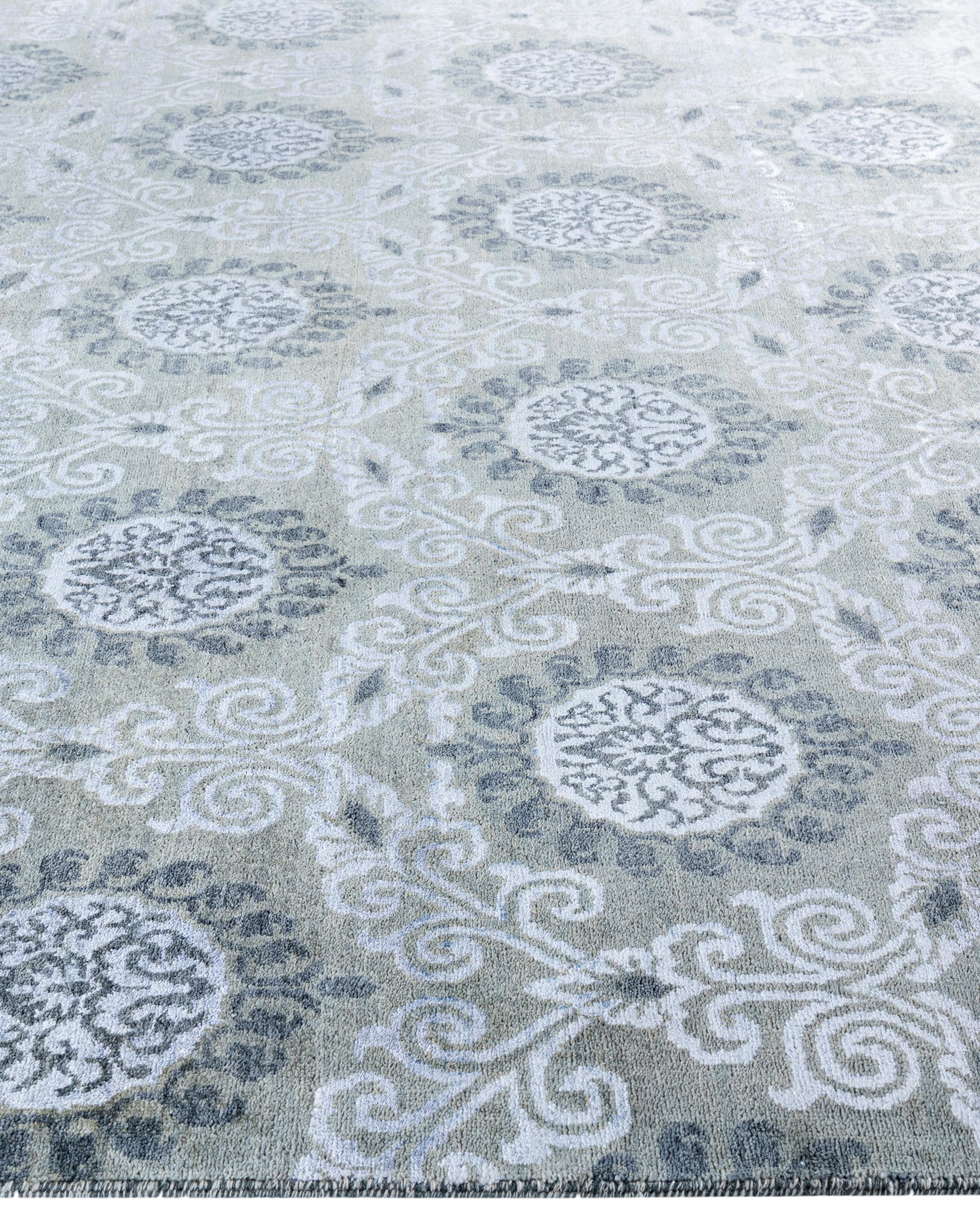 Noué à la main Traditional Floral Wool, Silk Hand Knotted Gray Area Rug 8' 1