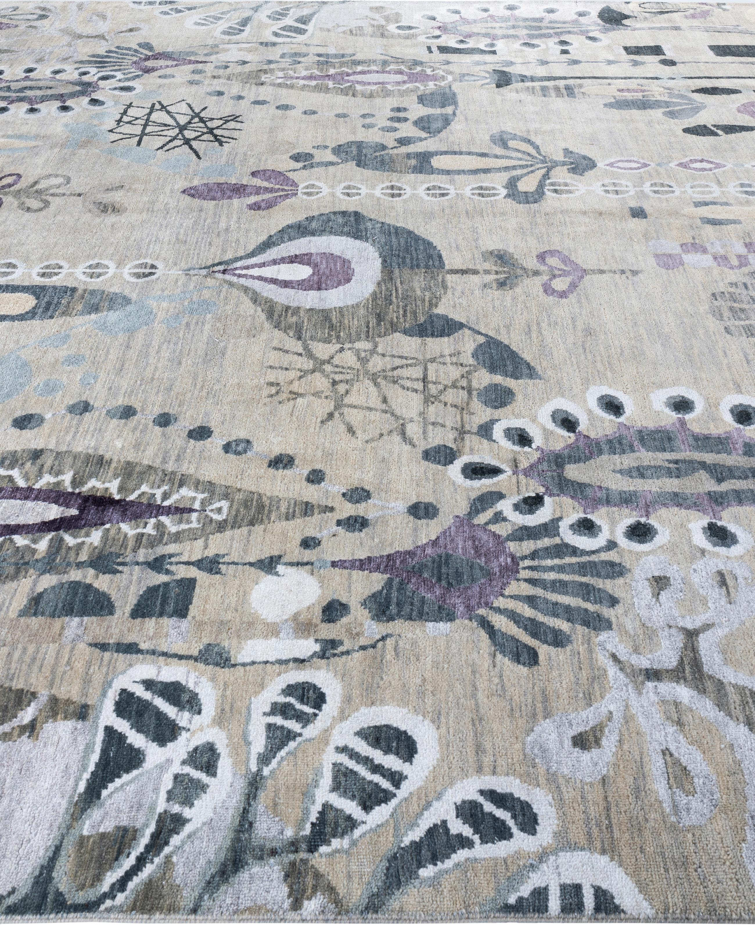 Annodato a mano Traditional Floral Wool, Silk Hand Knotted Gray Area Rugs 9' 0