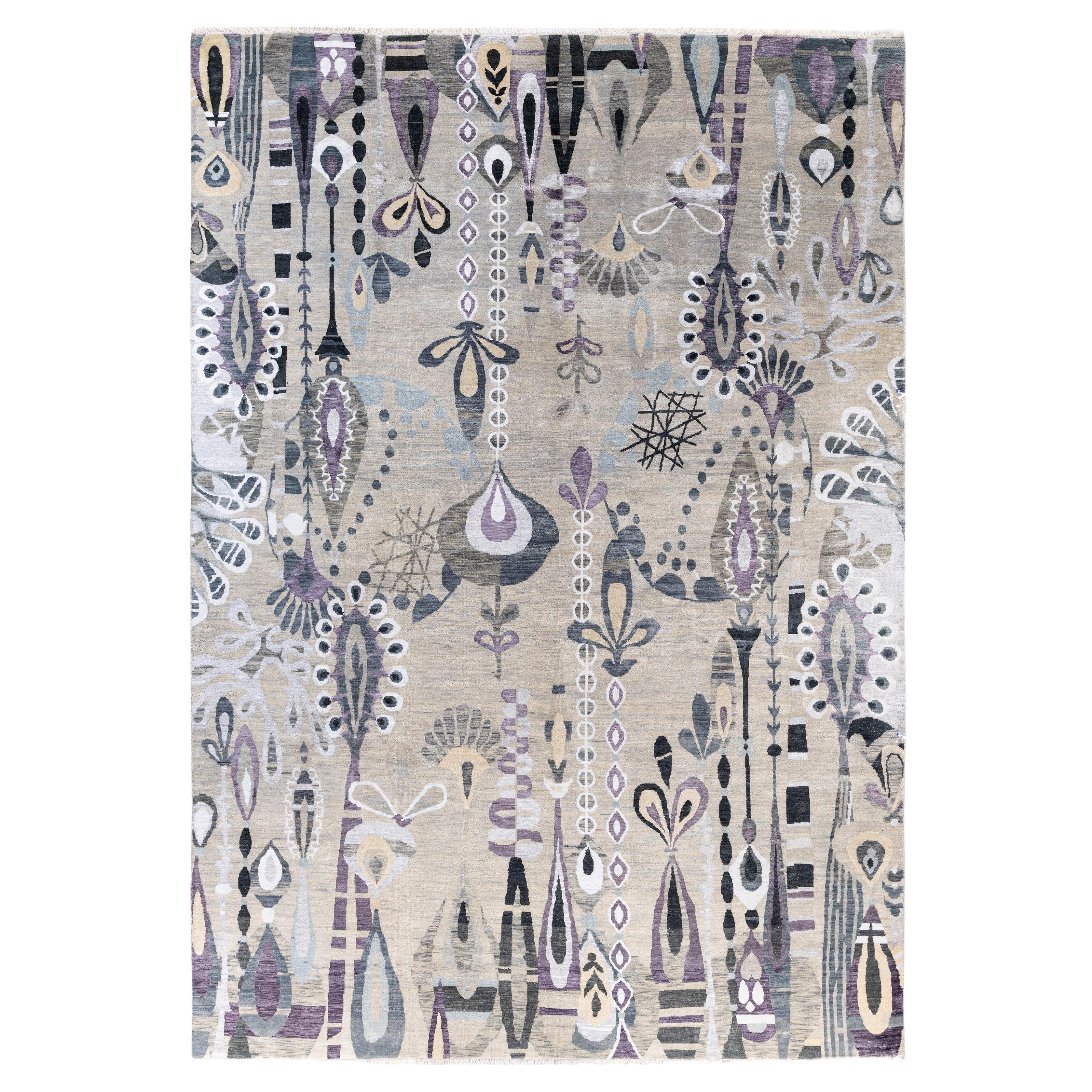 Traditional Floral Wool, Silk Hand Knotted Gray Area Rug 9' 0" x 12' 7"