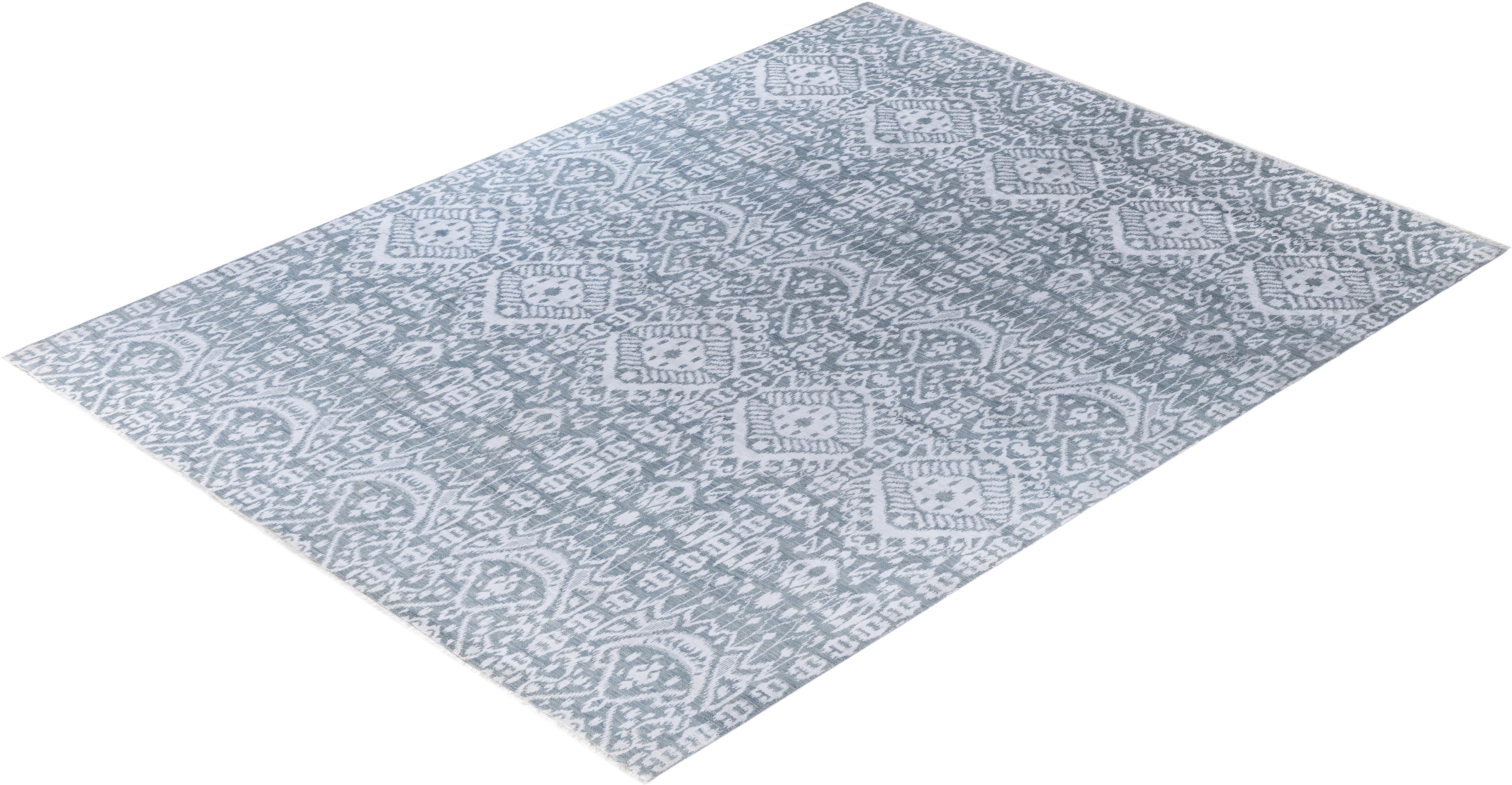 Tapis traditionnel gris noué à la main en laine et soie 9' 1