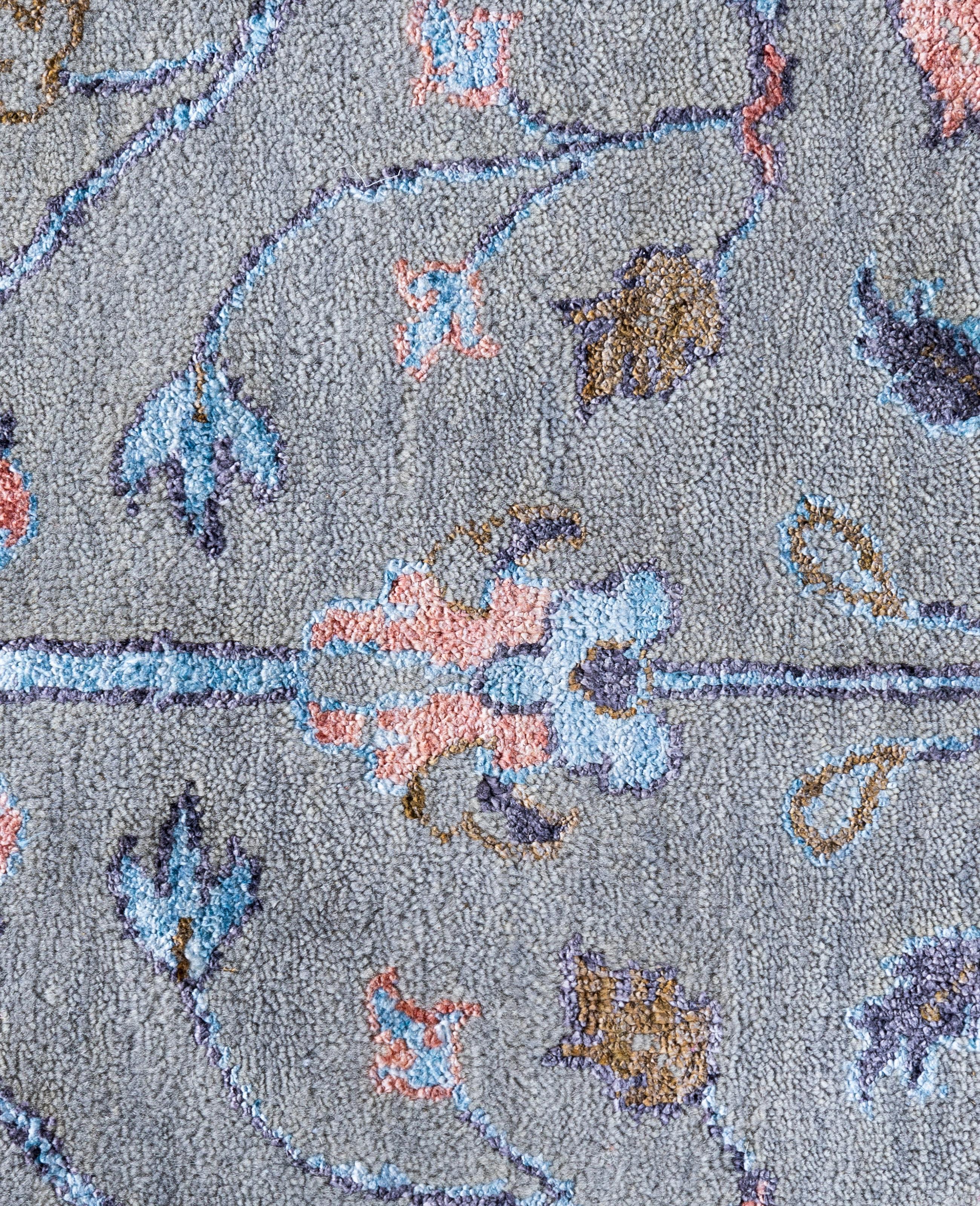 Indian Traditional Floral Wool, Silk Hand Knotted Gray Area Rug 9' 3