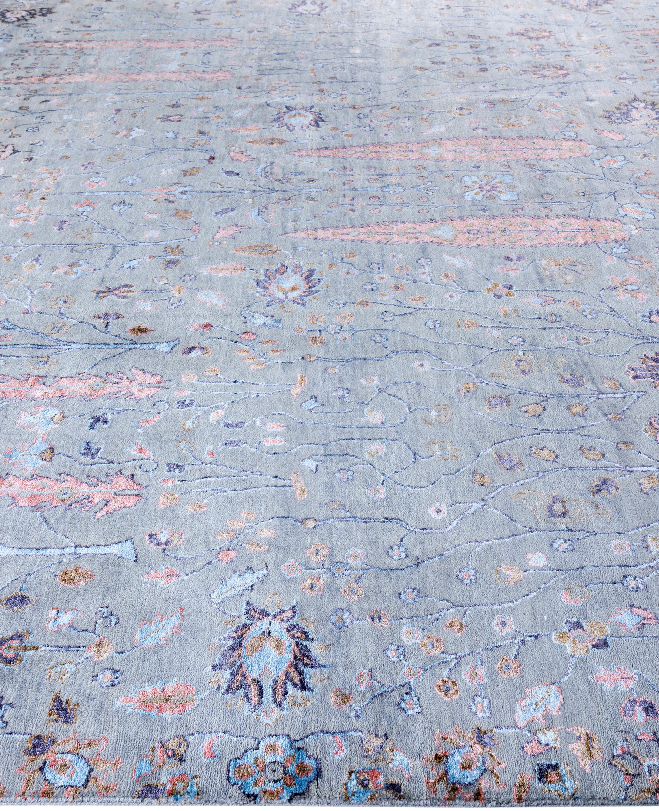 Hand-Knotted Traditional Floral Wool, Silk Hand Knotted Gray Area Rug 9' 3