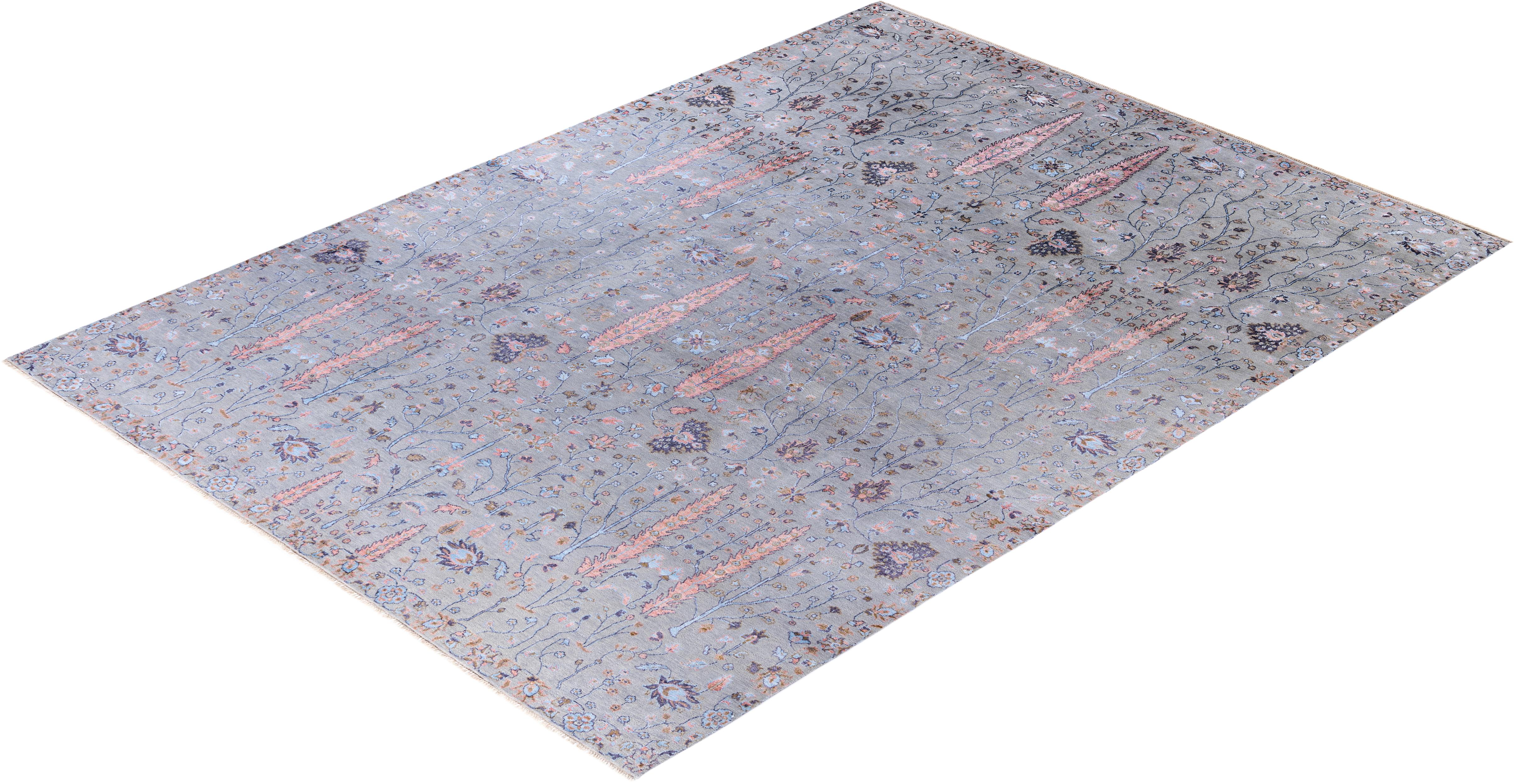 Traditional Floral Wool, Silk Hand Knotted Gray Area Rug 9' 3