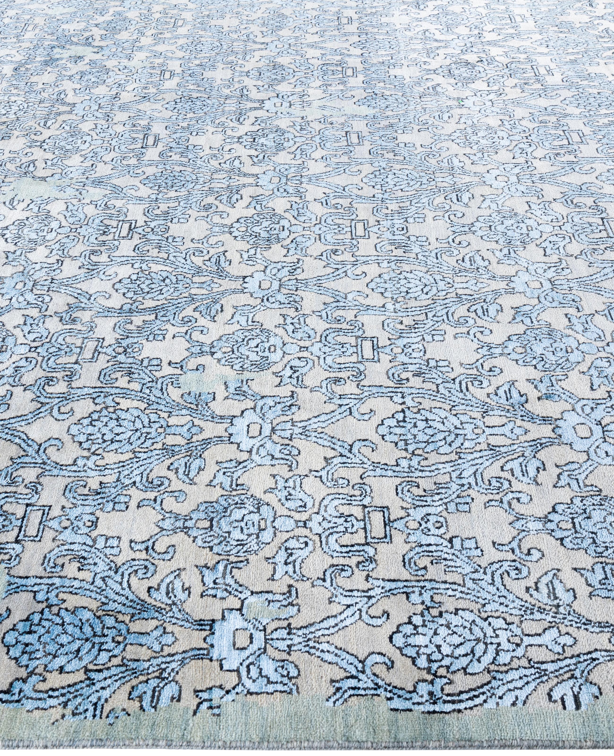 Annodato a mano Tappeto tradizionale floreale in lana e seta, annodato a mano, di colore verde 8' 2