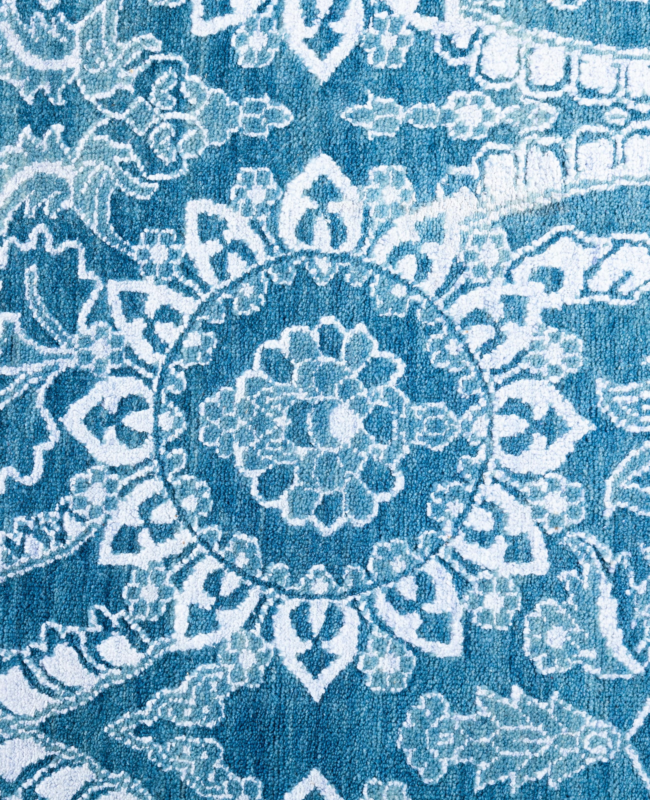 Indien Tapis traditionnel vert noué à la main en laine et soie 9' 0