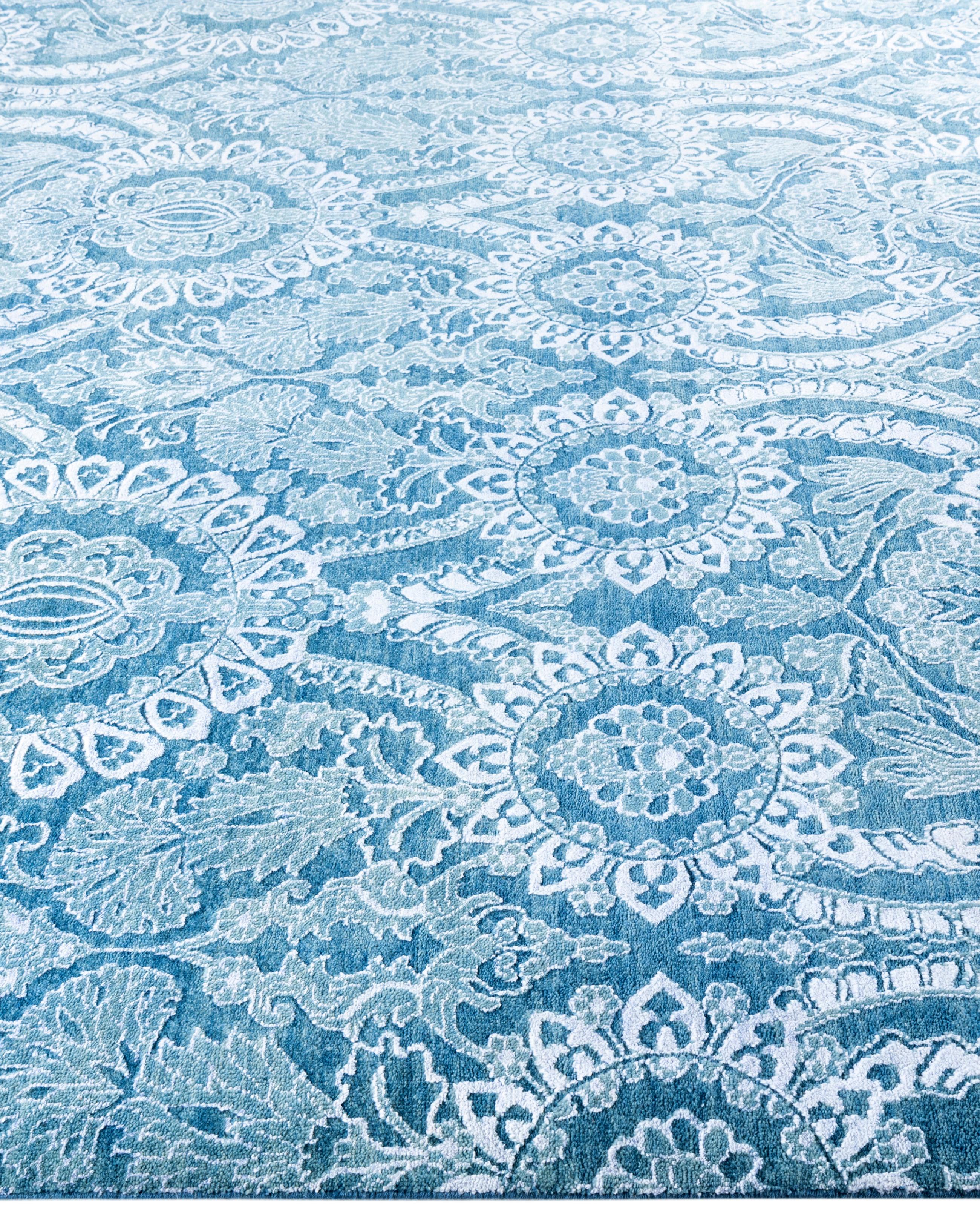 Noué à la main Tapis traditionnel vert noué à la main en laine et soie 9' 0
