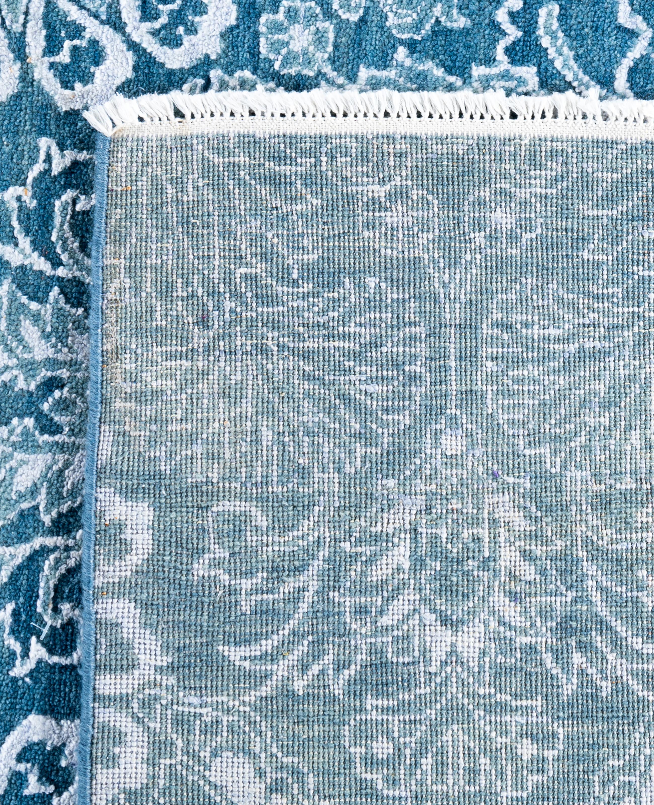 Tapis traditionnel vert noué à la main en laine et soie 9' 0