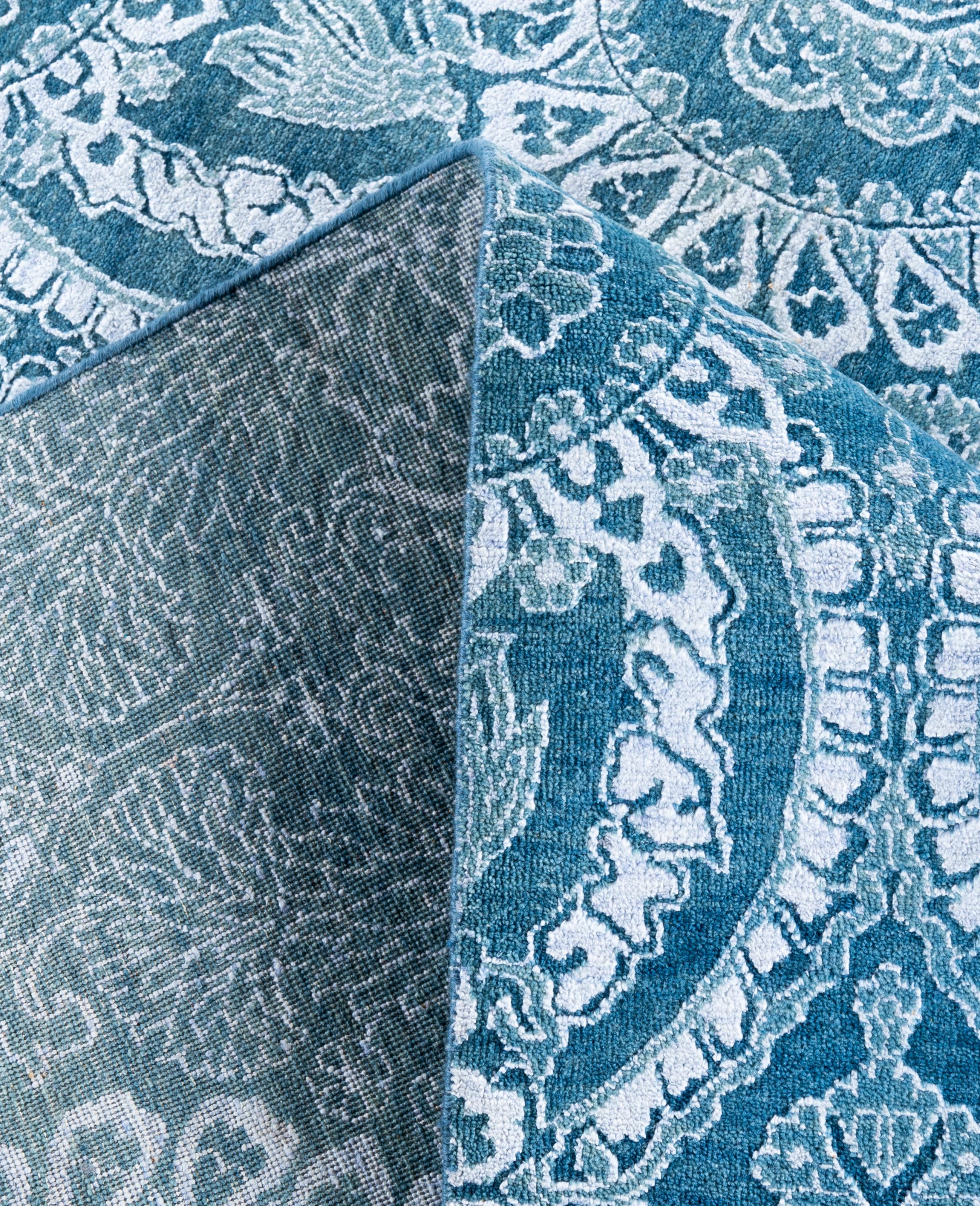 XXIe siècle et contemporain Tapis traditionnel vert noué à la main en laine et soie 9' 0