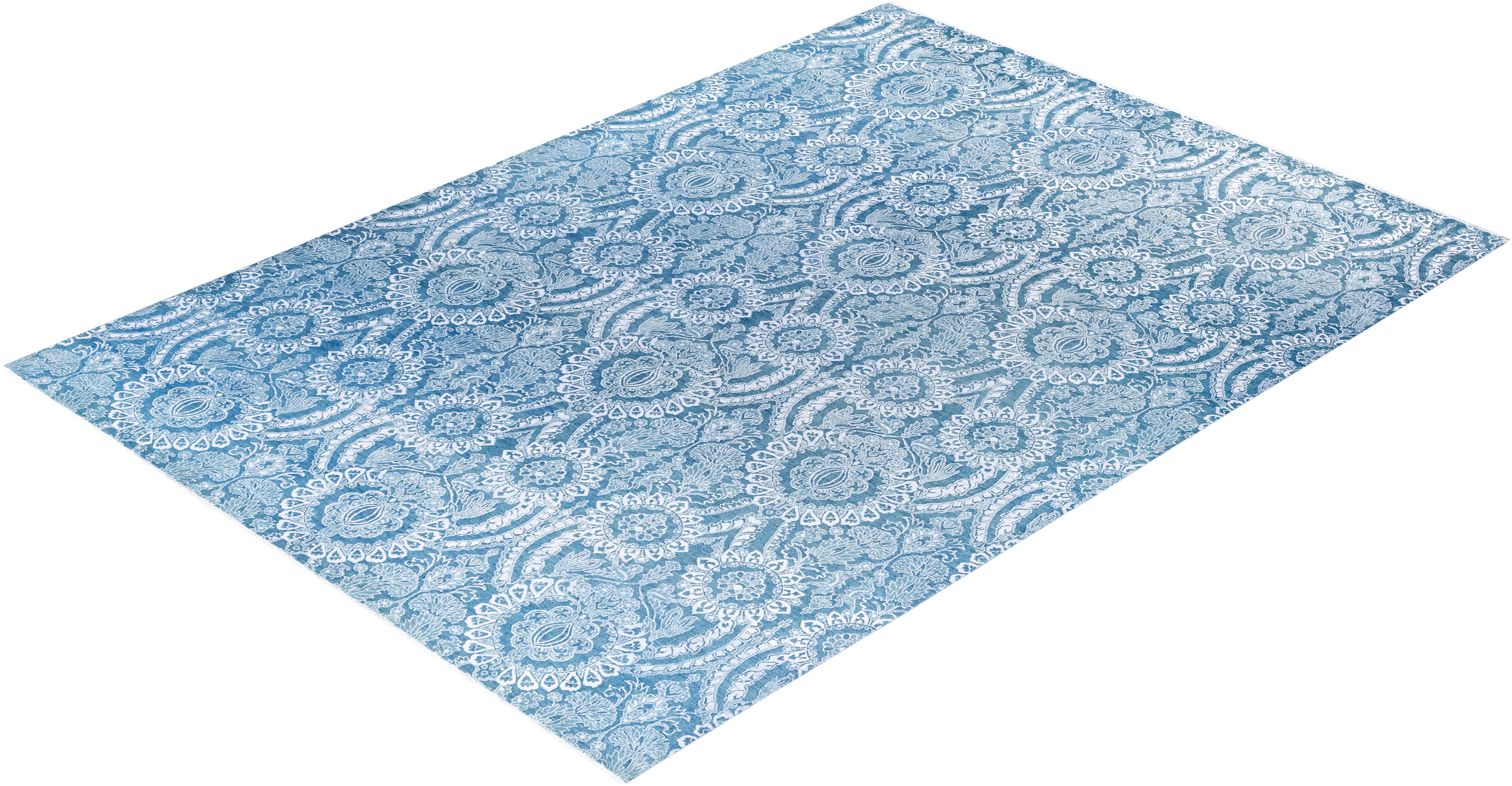 Tapis traditionnel vert noué à la main en laine et soie 9' 0