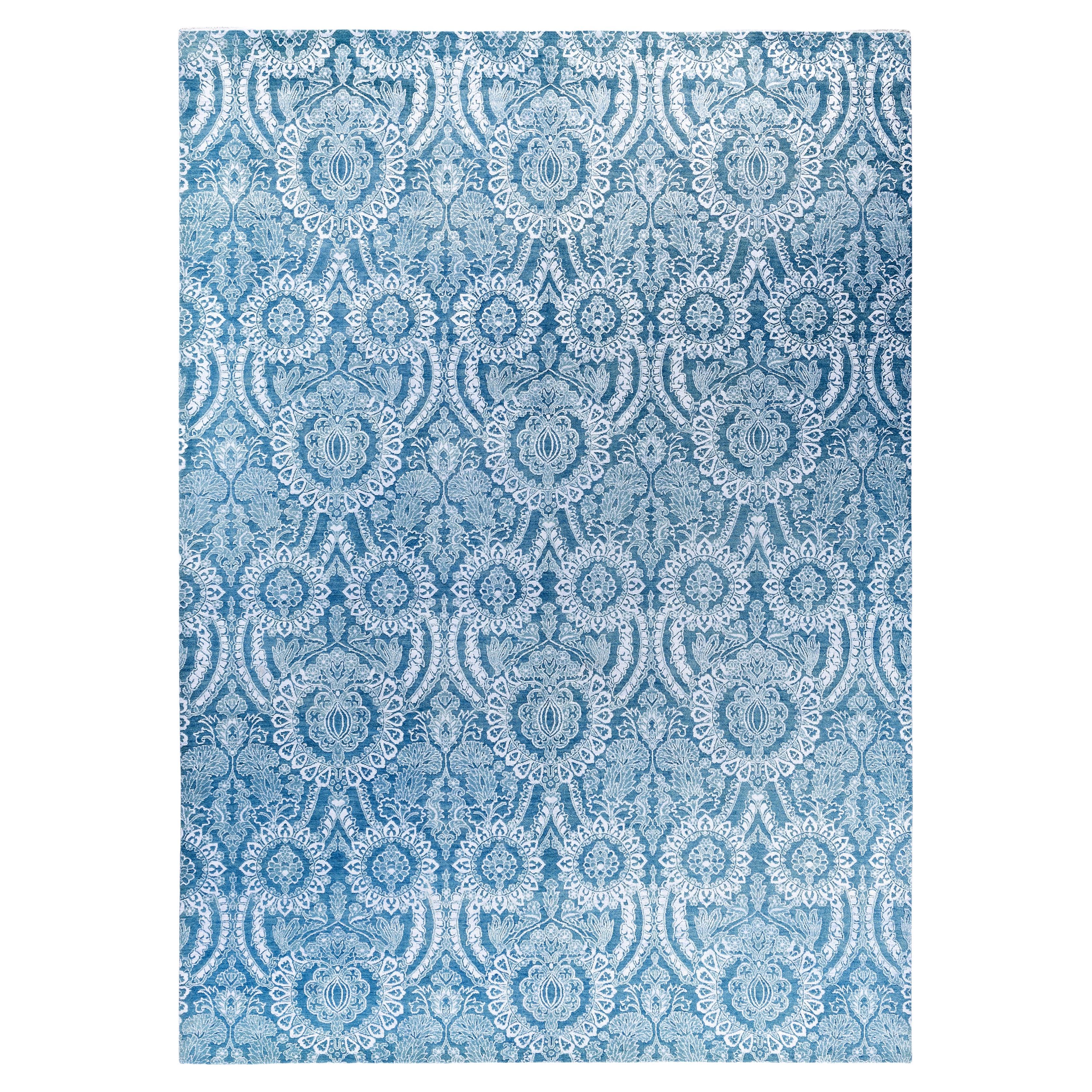 Tapis traditionnel vert noué à la main en laine et soie 9' 0" x 12' 2"