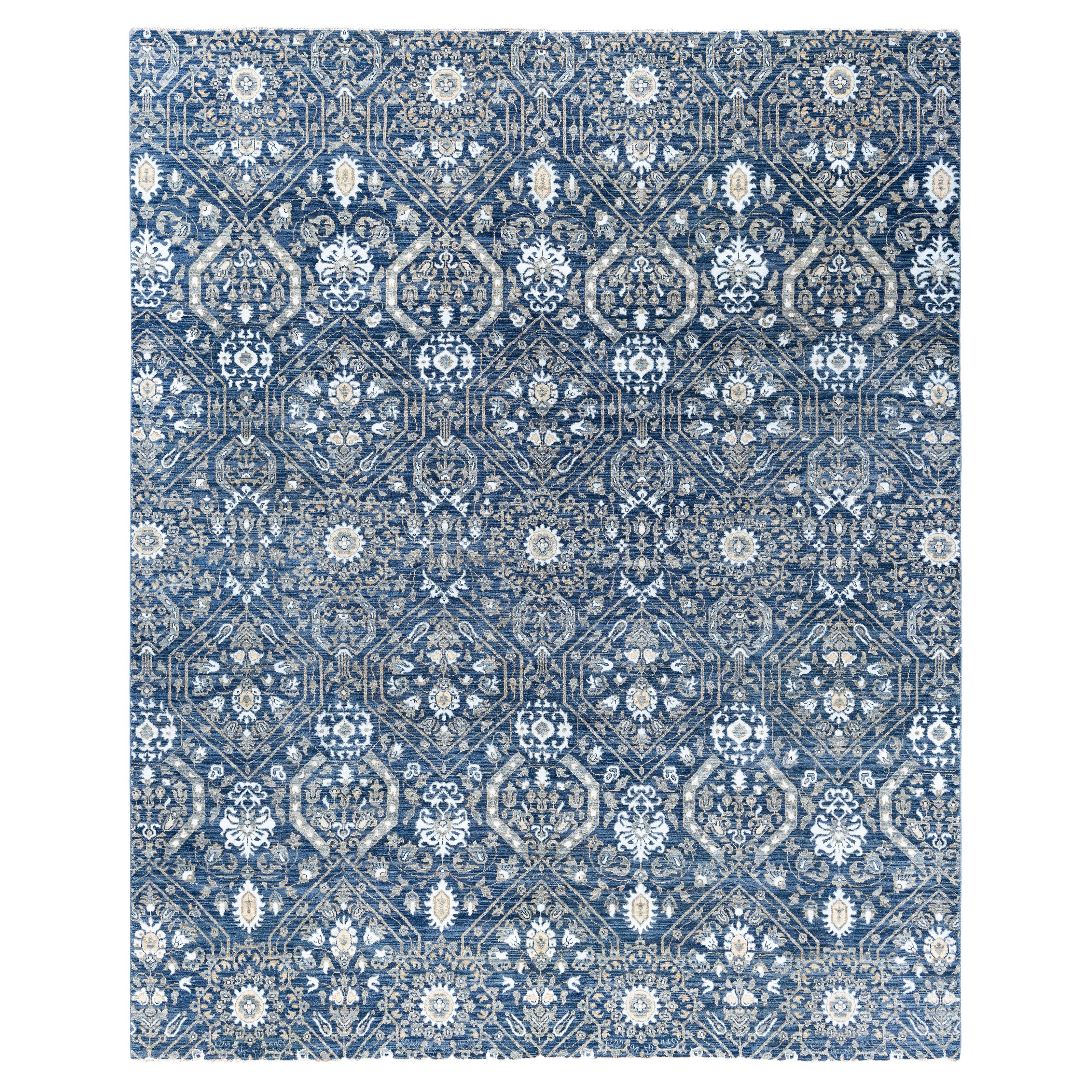 Traditioneller handgeknüpfter Teppich aus Wolle und Seide in Marineblau mit Blumenmuster 8' 0" x 10' 0"