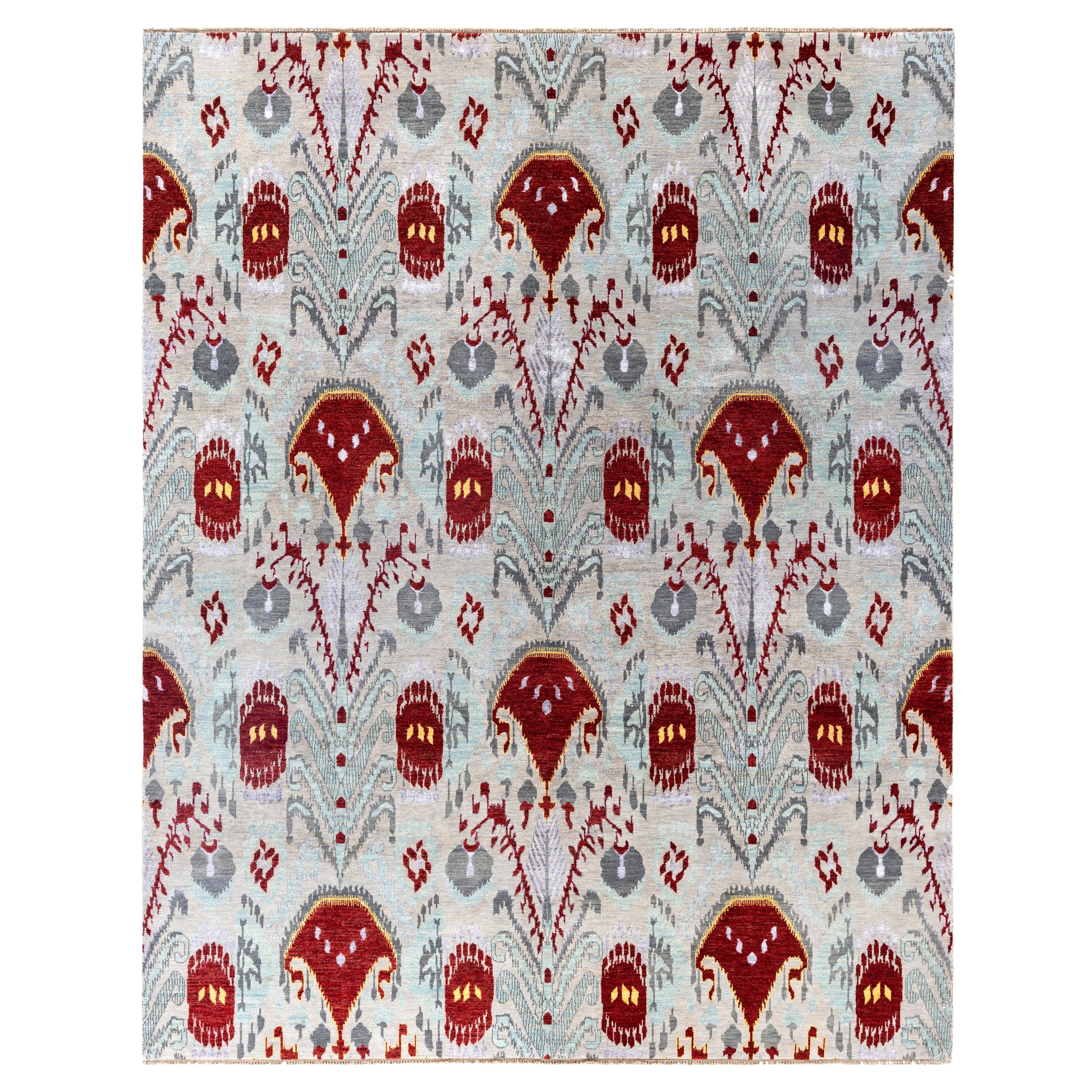 Tappeto tradizionale floreale in lana e seta annodato a mano rosso 8' 2" x 10' 3" in vendita