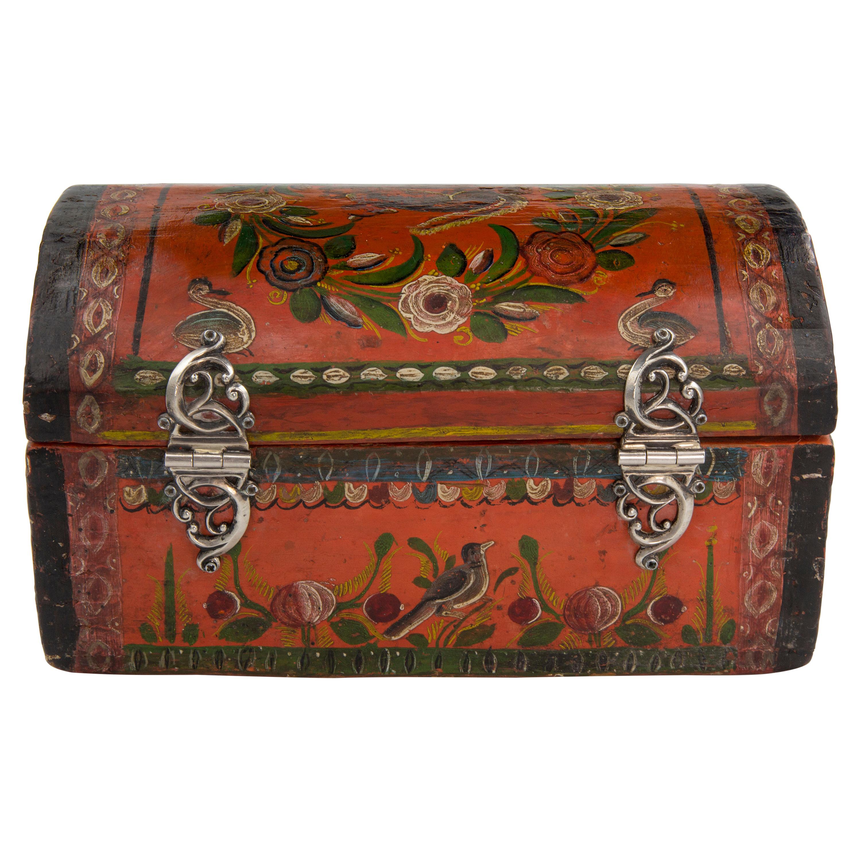 Traditional Flower and Birds Design with Silver Applications Box, Olinalá For Sale