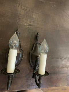Traditional Forged Bronze Sconces with Linen Shades