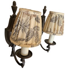 Traditional Forged Bronze Sconces with Linen Shades
