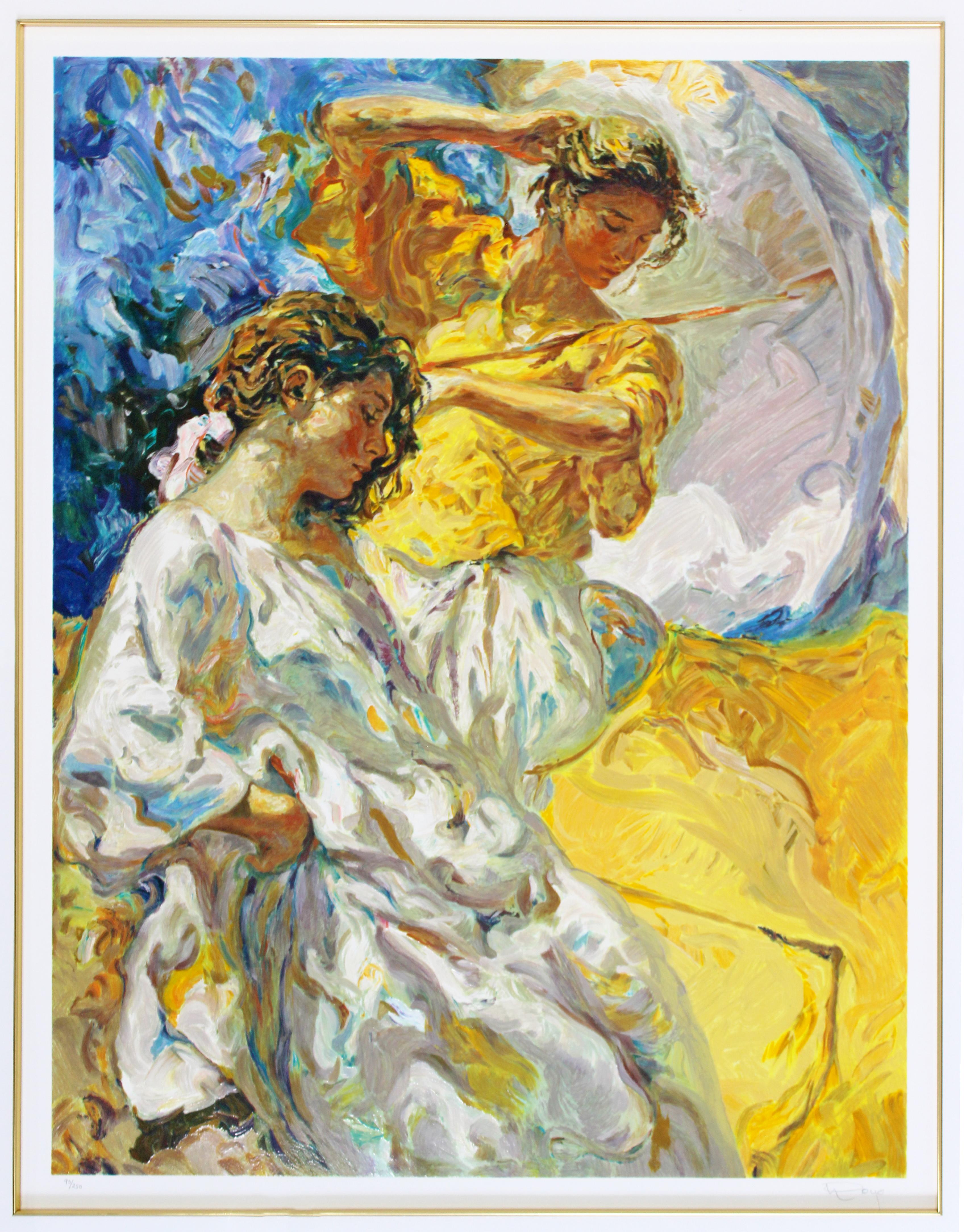 For your consideration is a magnificent, framed serigraph of two women, signed by Jose Royo and numbered 90/250. In excellent condition. The dimensions of the frame are 43
