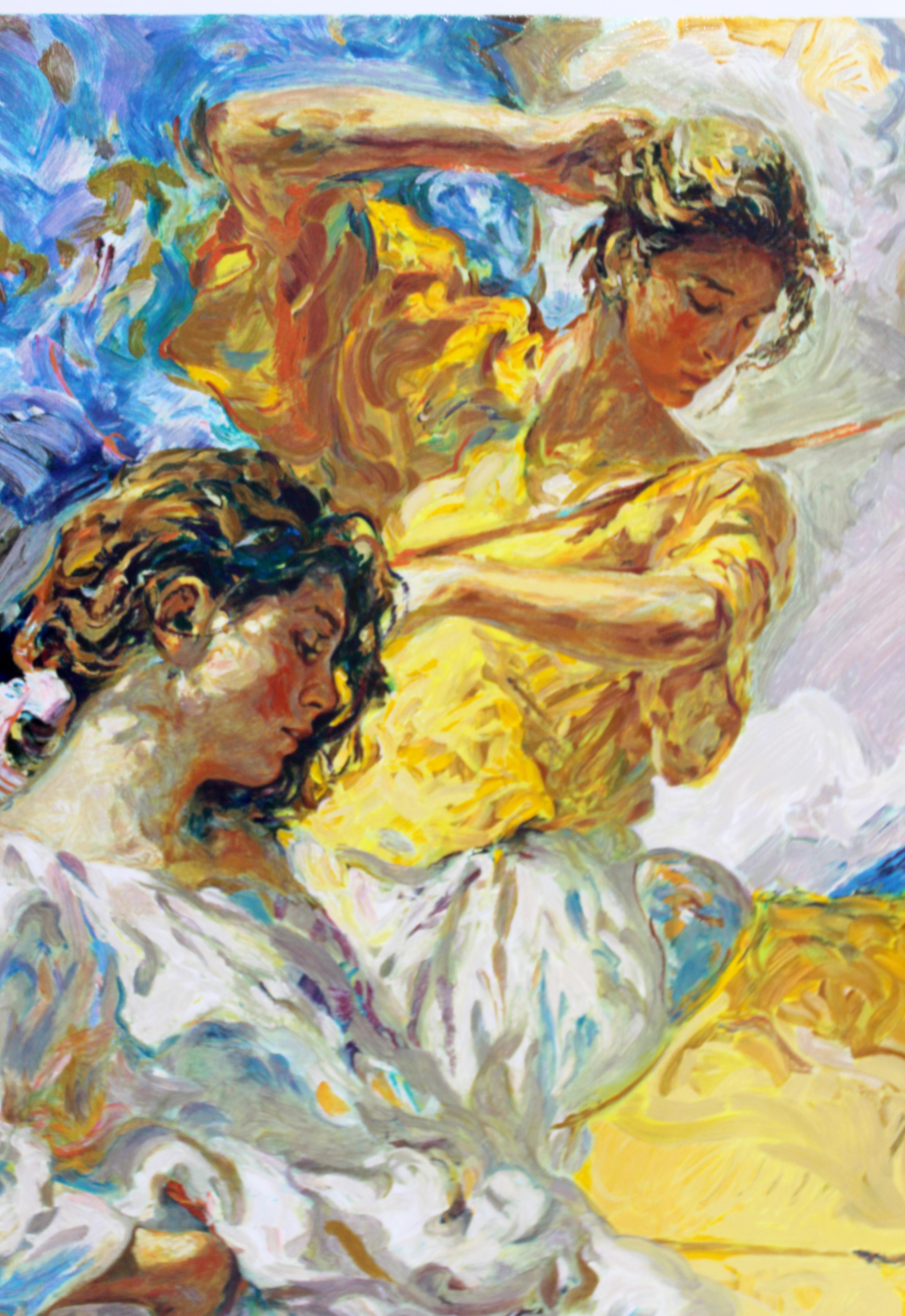 20th Century Traditional Framed Jose Royo Signed Serigraph 2 Women Yellow Dress 90/250 For Sale