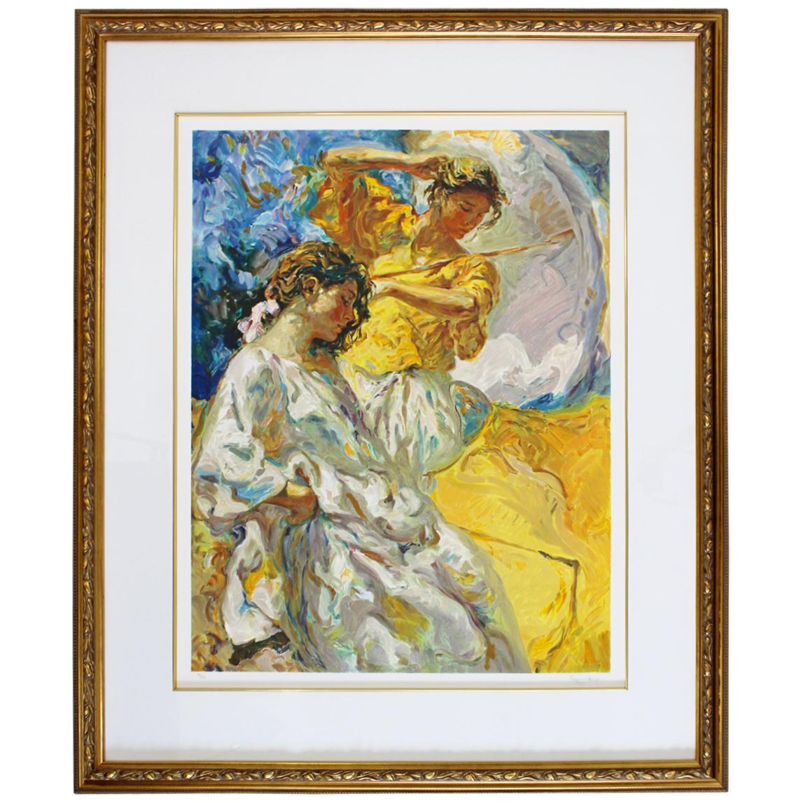Traditional Framed Jose Royo Signed Serigraph 2 Women Yellow Dress 90/250 For Sale