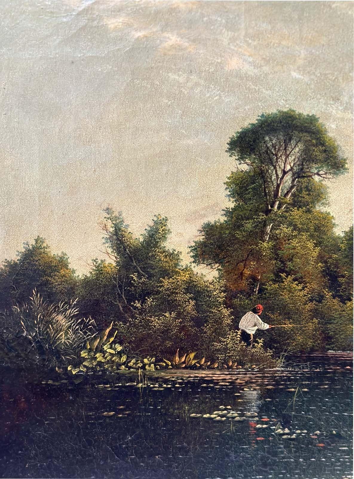 A traditional oil on canvas depicting a fisherman by a river, having beautiful trees all around the scene. The setting seems to evoke a near-sunset ambiance, characterized by the warm yellow hues and subtle hints of pink that grace the sky.
The