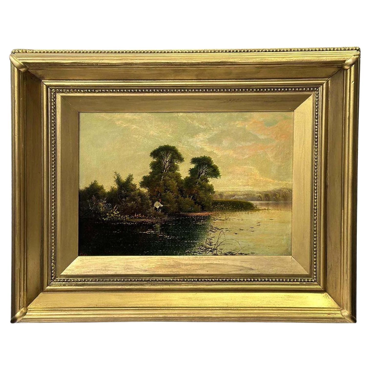 Traditional Framed Oil on Canvas of a Fisherman by the River For Sale