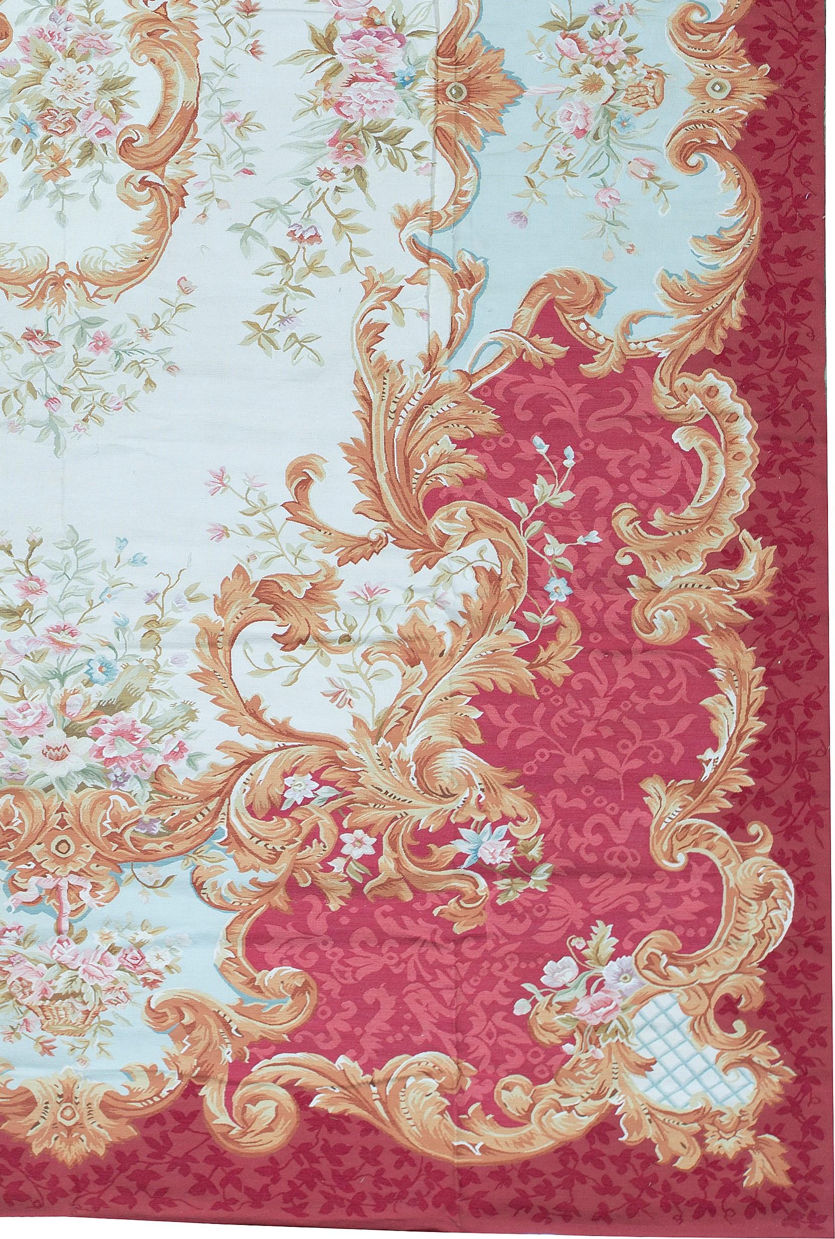 Chinese Luxury Traditional French Aubusson Style Flat-Weave Ivory / Red For Sale