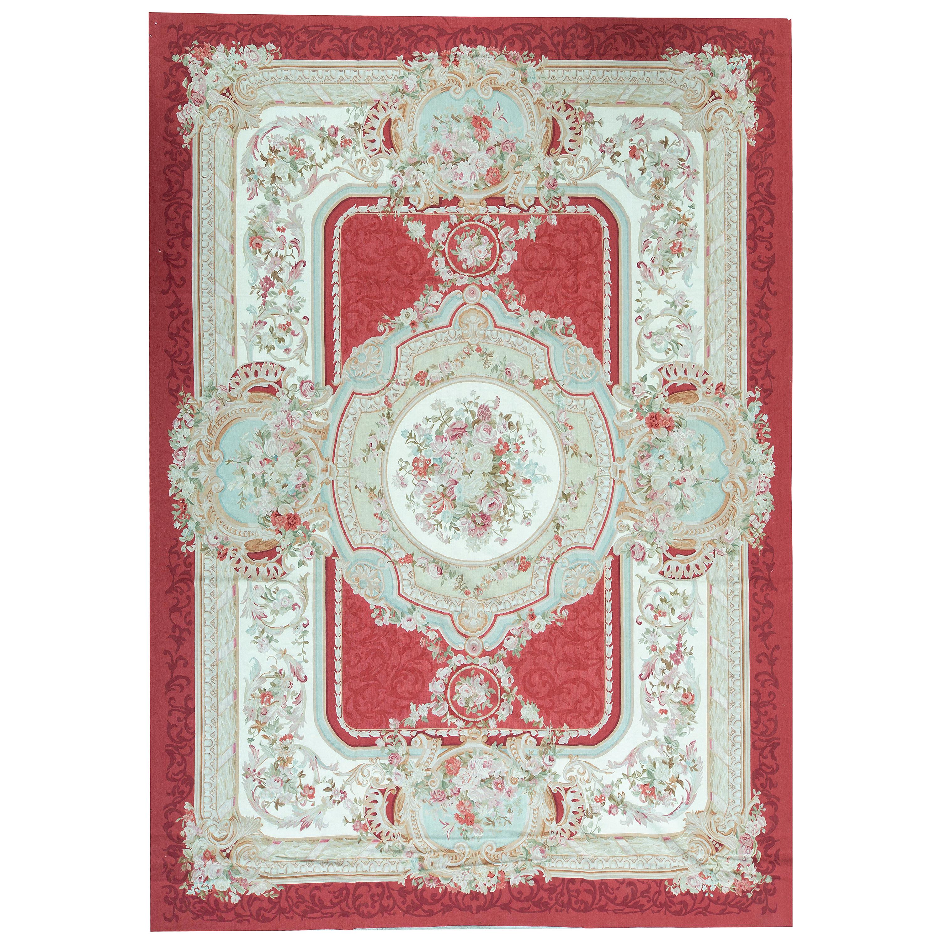 Luxury Traditional French Aubusson Style Flat-Weave Red / Ivory For Sale