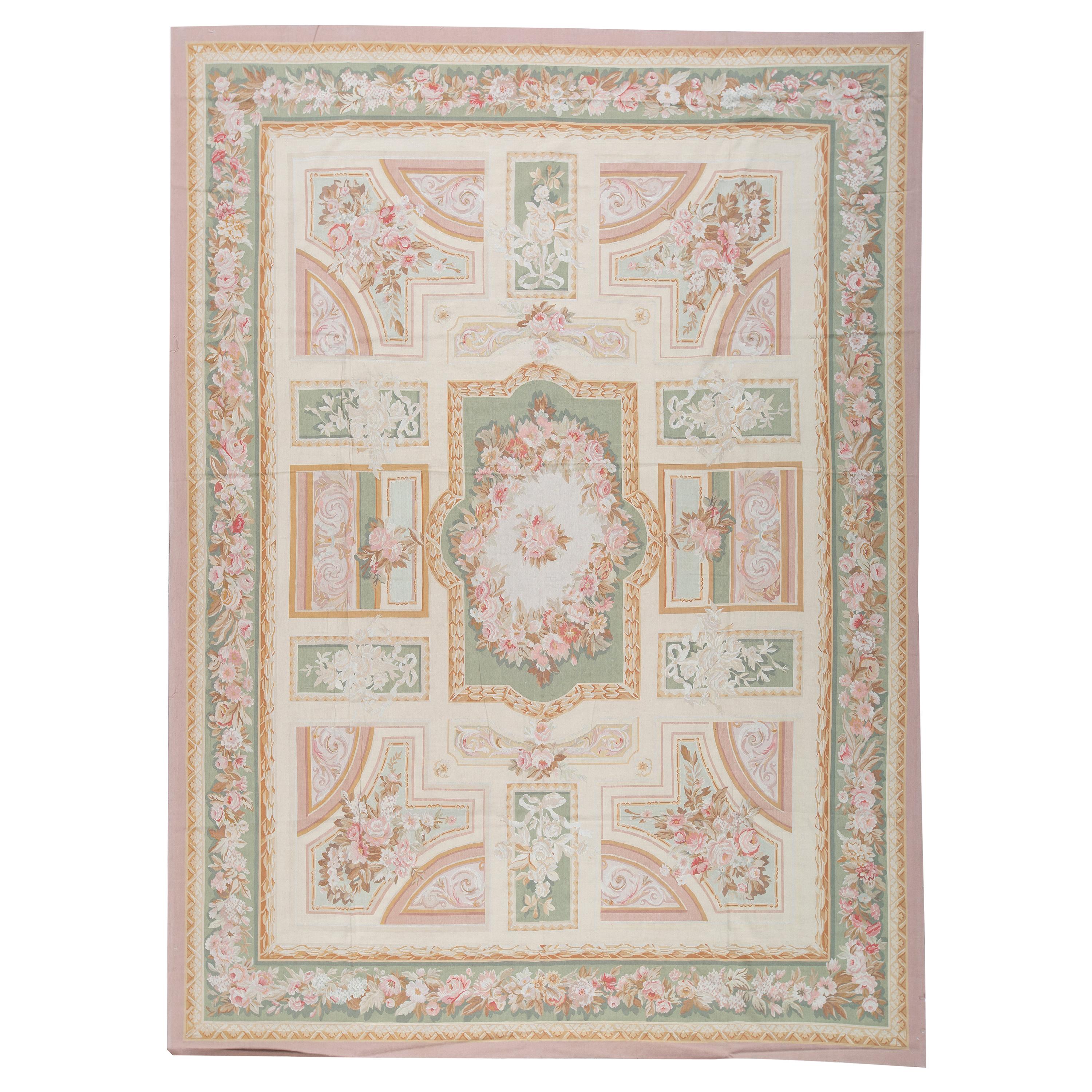 Luxury Traditional French Aubusson Style Flat-Weave Beige / Green