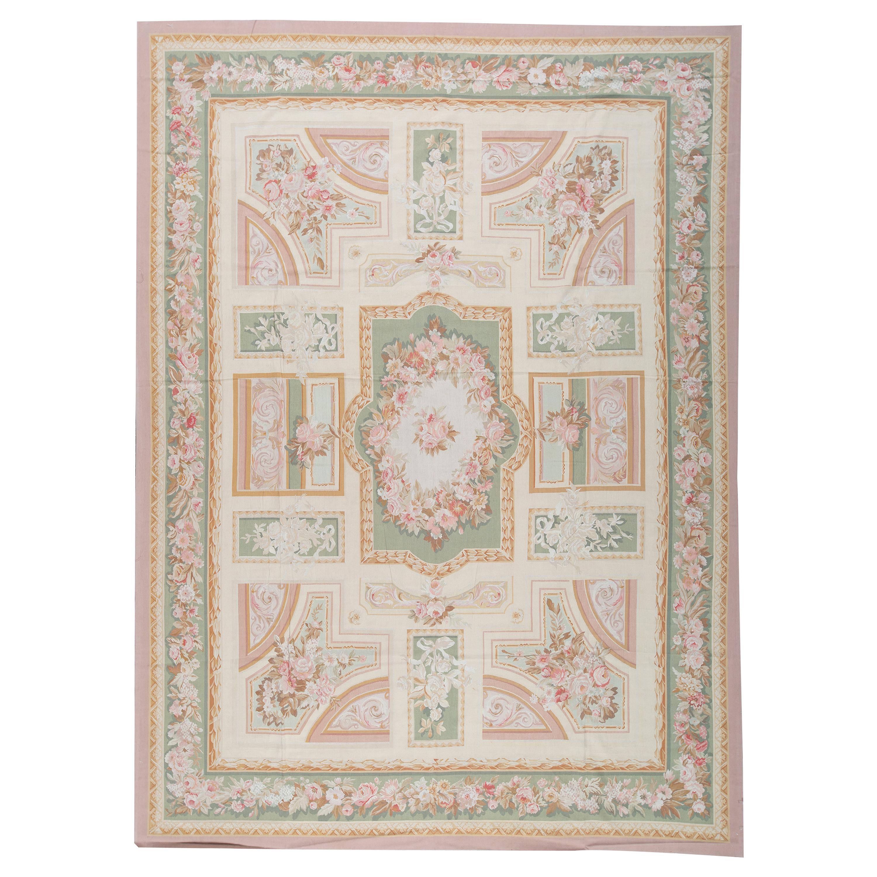  Luxury Traditional French Aubusson Style Flat-Weave Beige / Green