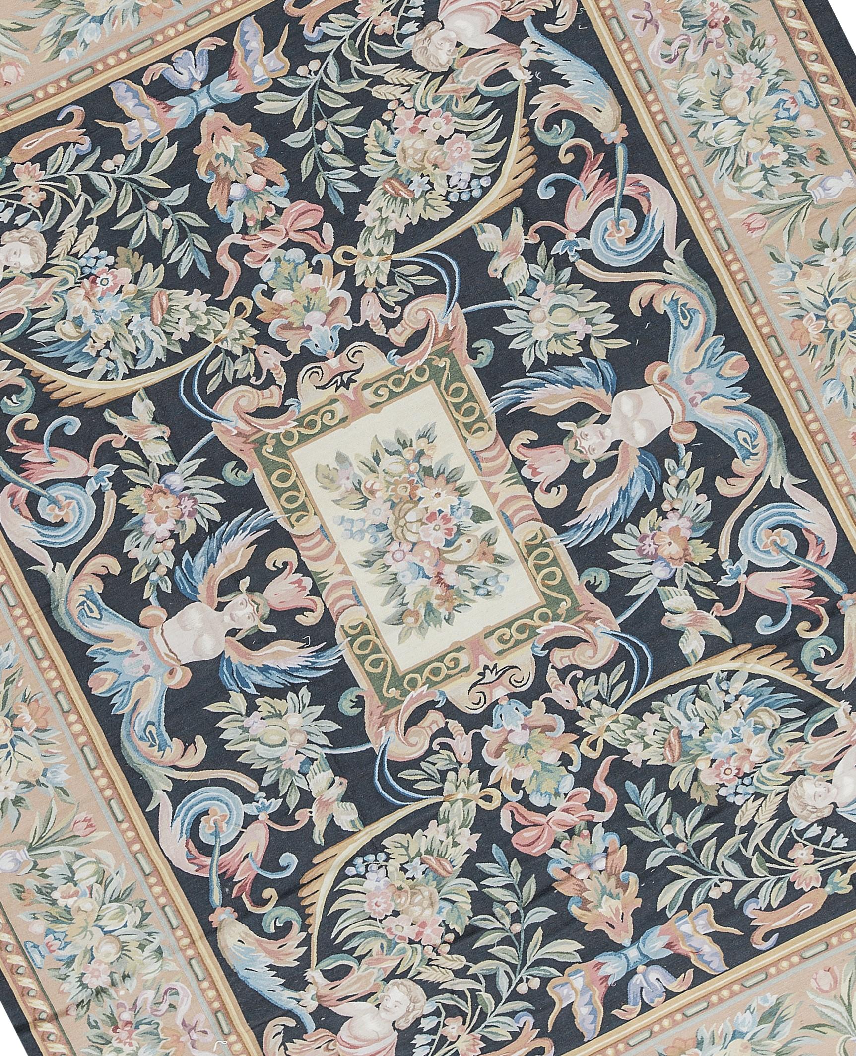 Handwoven recreation of the Classic French flat-weave Aubusson rugs that have been found in the finest homes and palaces since the late 17th century. Size 9' 3'' x 11' 8''.