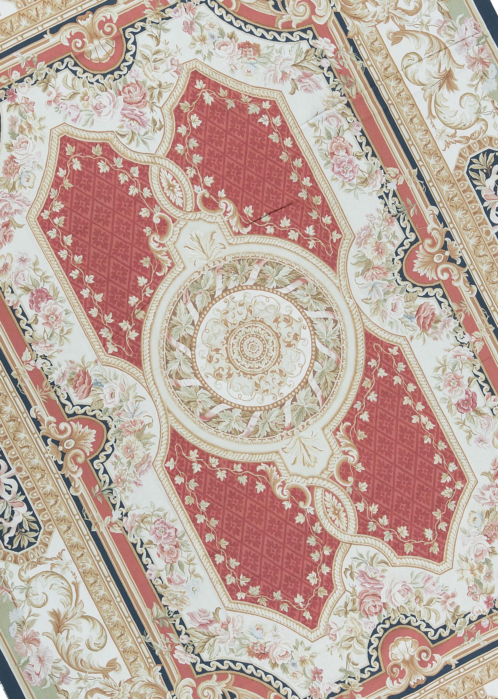 Handwoven Recreation of the Classic French flat-weave Aubusson rugs that have been found in the finest homes and palaces since the late 17th century. Size 10' x 14'.