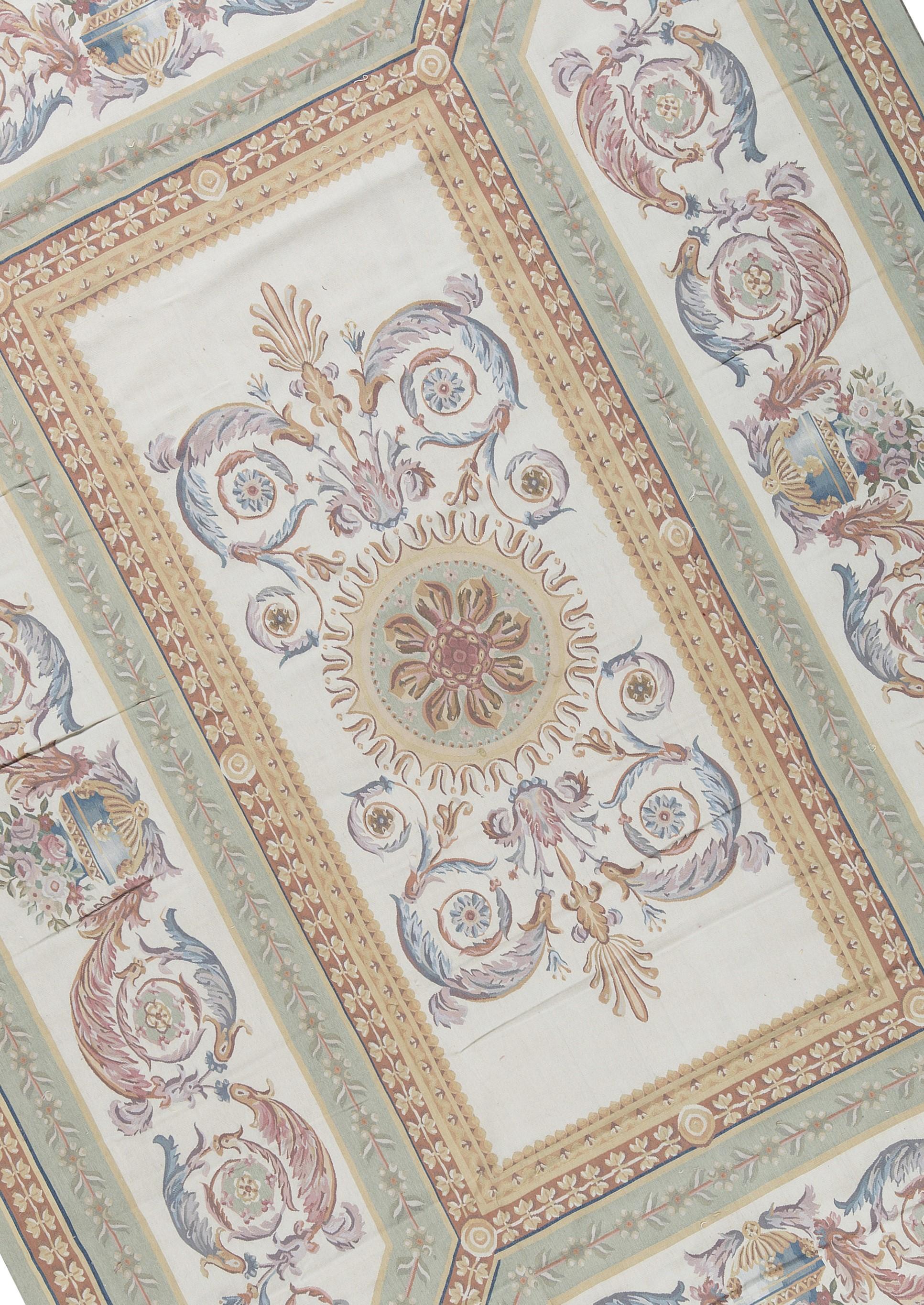 Handwoven Recreation of the Classic French flat-weave Aubusson rugs that have been found in the finest homes and palaces since the late 17th century. Size 11' 2'' x 15' 11''.