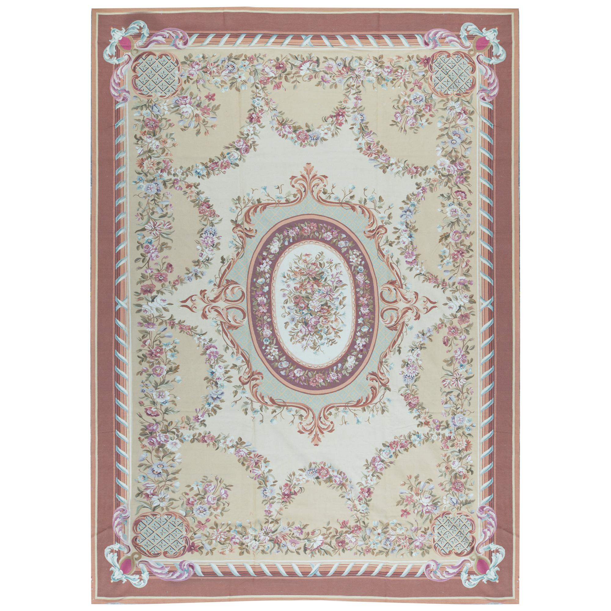 Traditional French Aubusson Style Flat-Weave Gold / Brown Rug For Sale