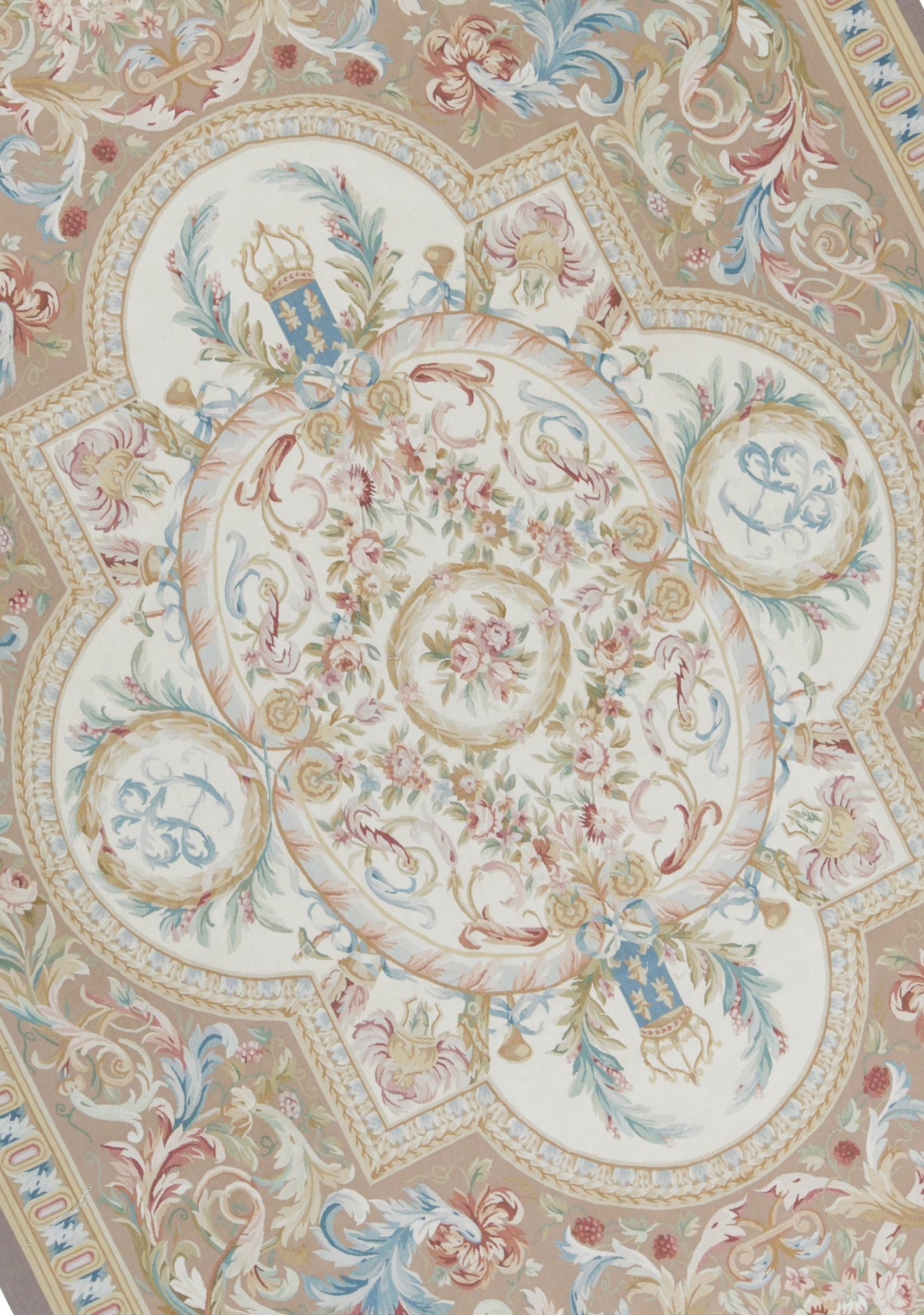 Handwoven recreation of the Classic French flat-weave Aubusson rugs that have been found in the finest homes and palaces since the late 17th century. Size 10' 1'' x 14' 4''.