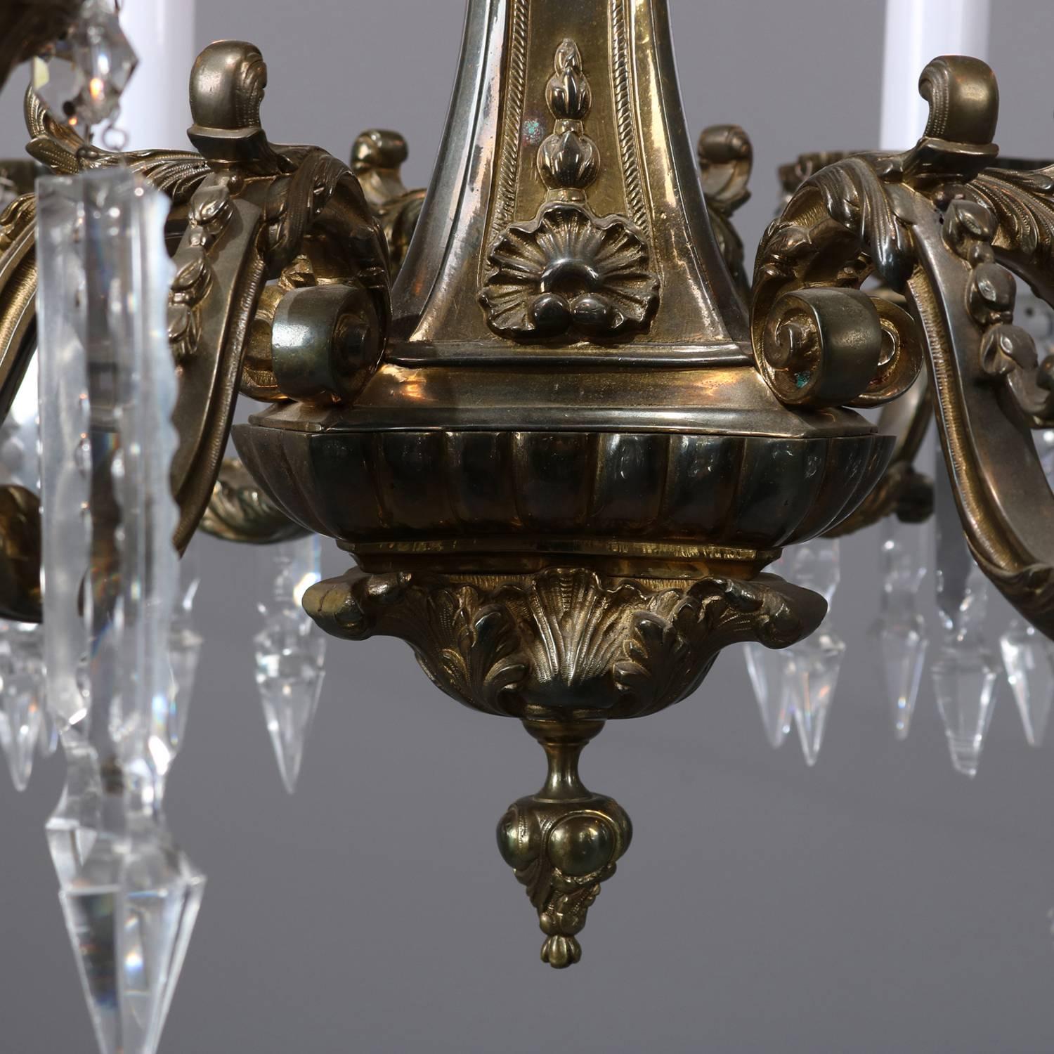 Louis XIII Traditional French Louis III Bronze and Crystal Five-Light Branch Chandelier
