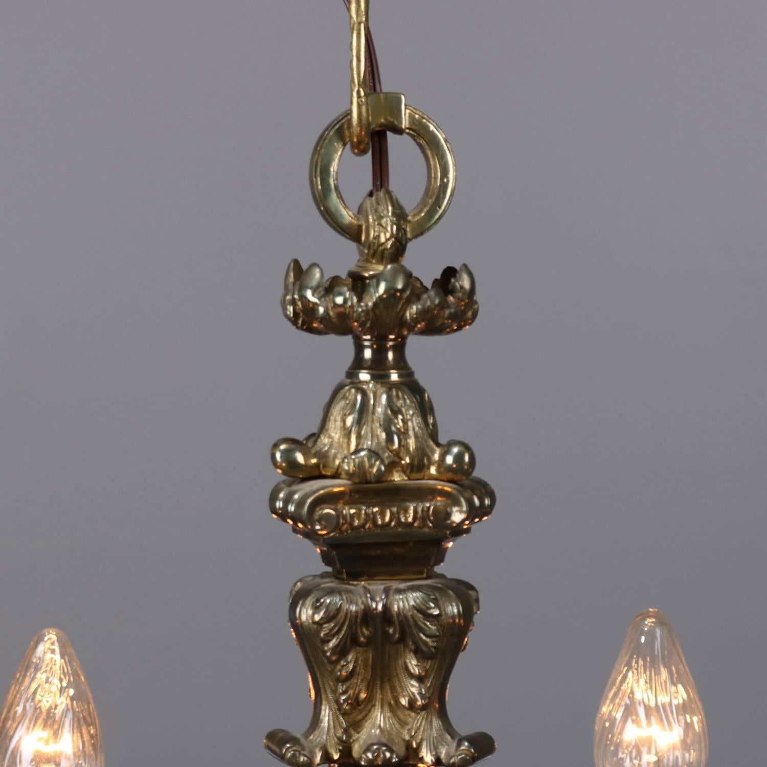 Cast Traditional French Louis III Bronze and Crystal Five-Light Branch Chandelier