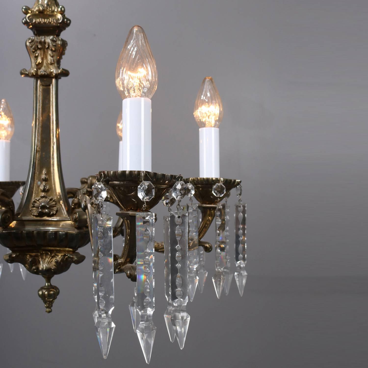 Traditional French Louis III Bronze and Crystal Five-Light Branch Chandelier In Good Condition In Big Flats, NY