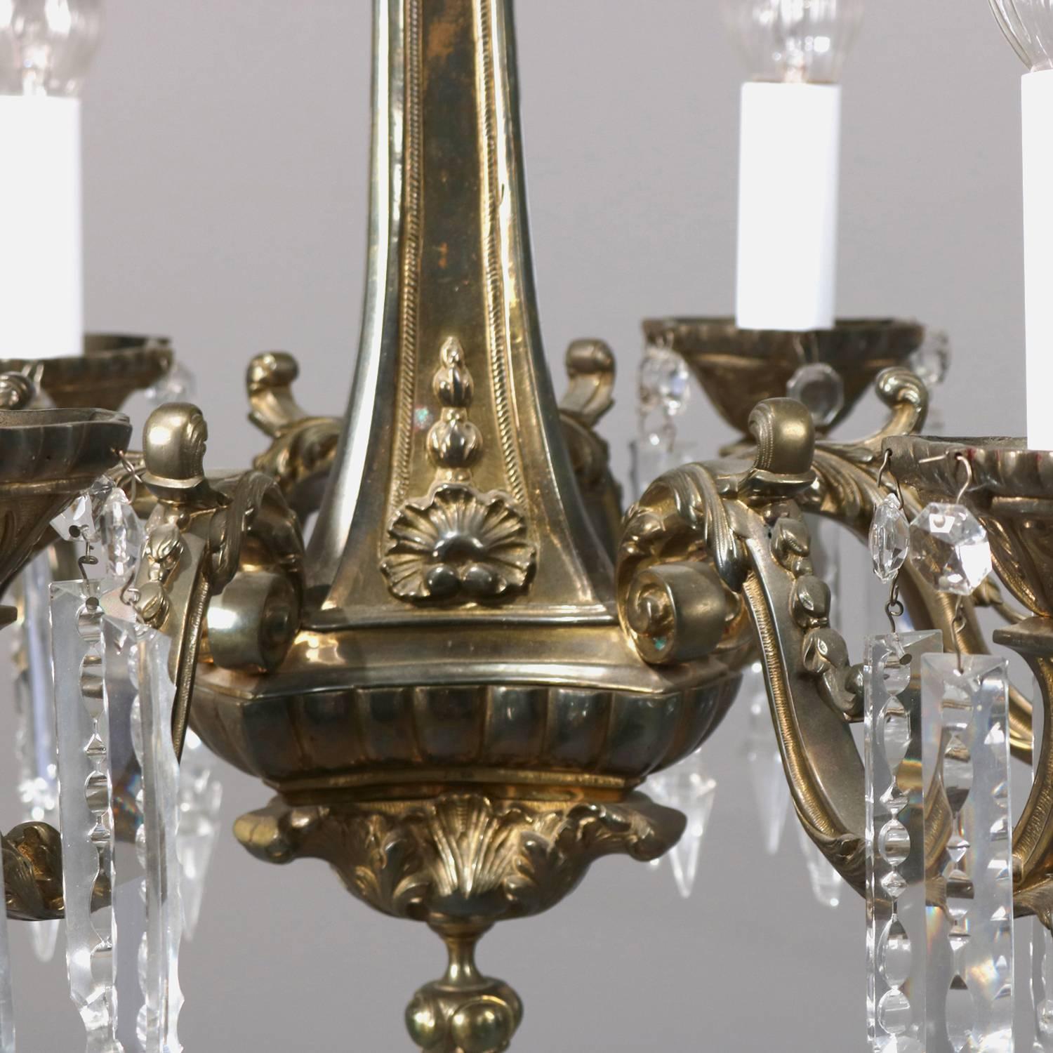 20th Century Traditional French Louis III Bronze and Crystal Five-Light Branch Chandelier