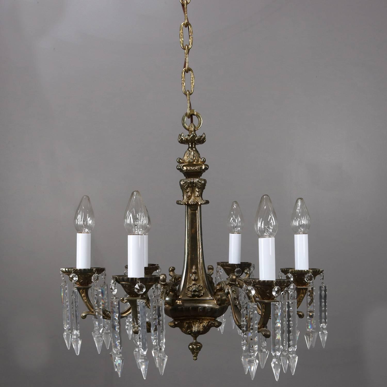 Traditional French Louis III Bronze and Crystal Five-Light Branch Chandelier 2