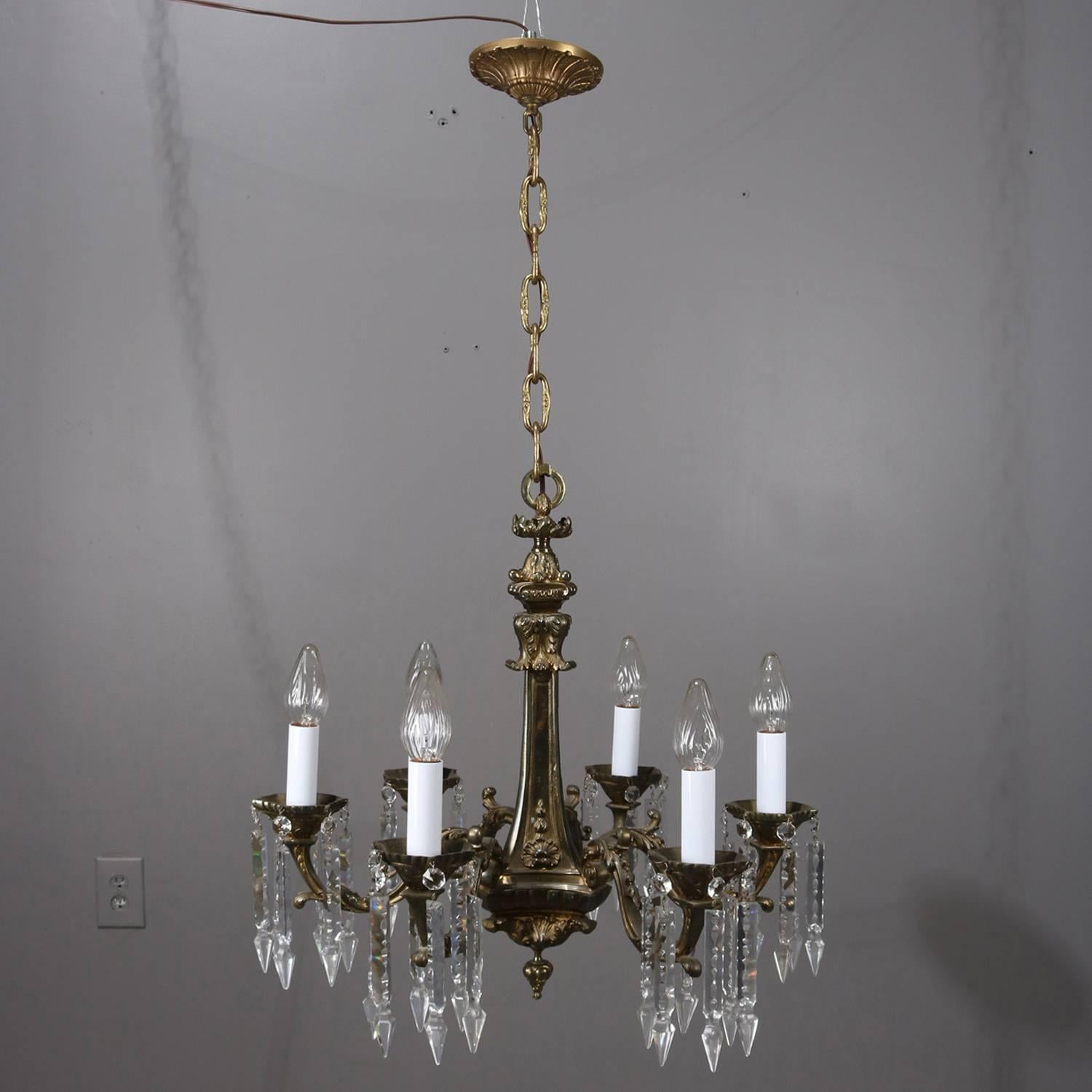 Traditional French Louis III Bronze and Crystal Five-Light Branch Chandelier 3
