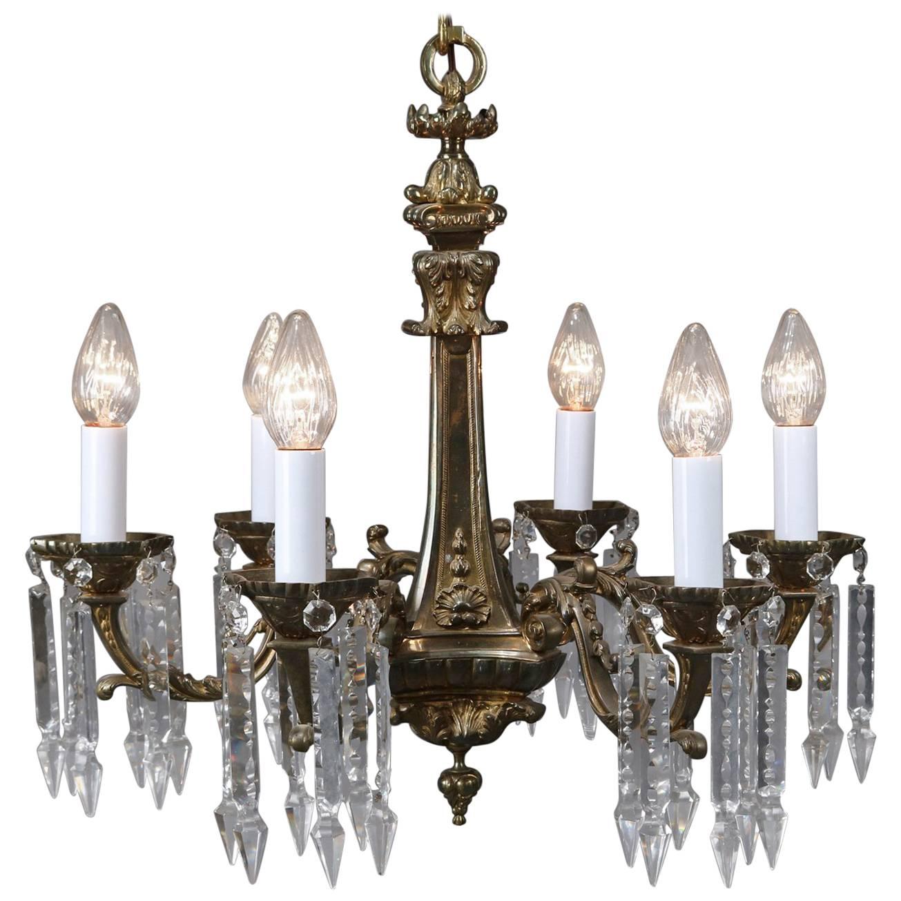 Traditional French Louis III Bronze and Crystal Five-Light Branch Chandelier