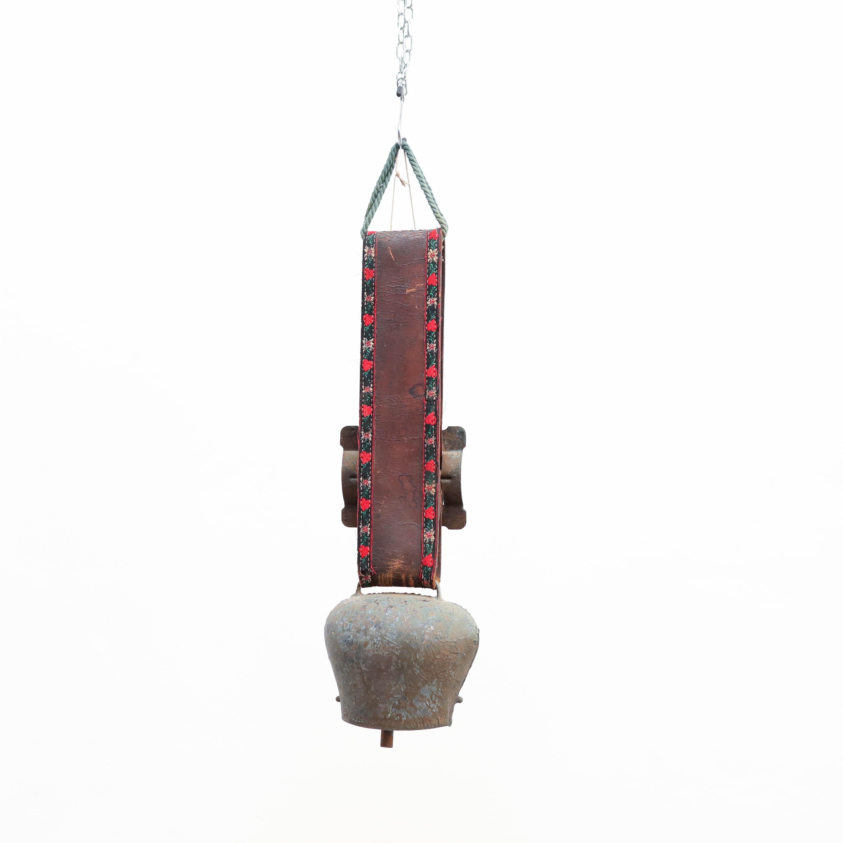 Mid-Century Modern Traditional French Rustic Bronze and Leather Bell, circa 1960  For Sale