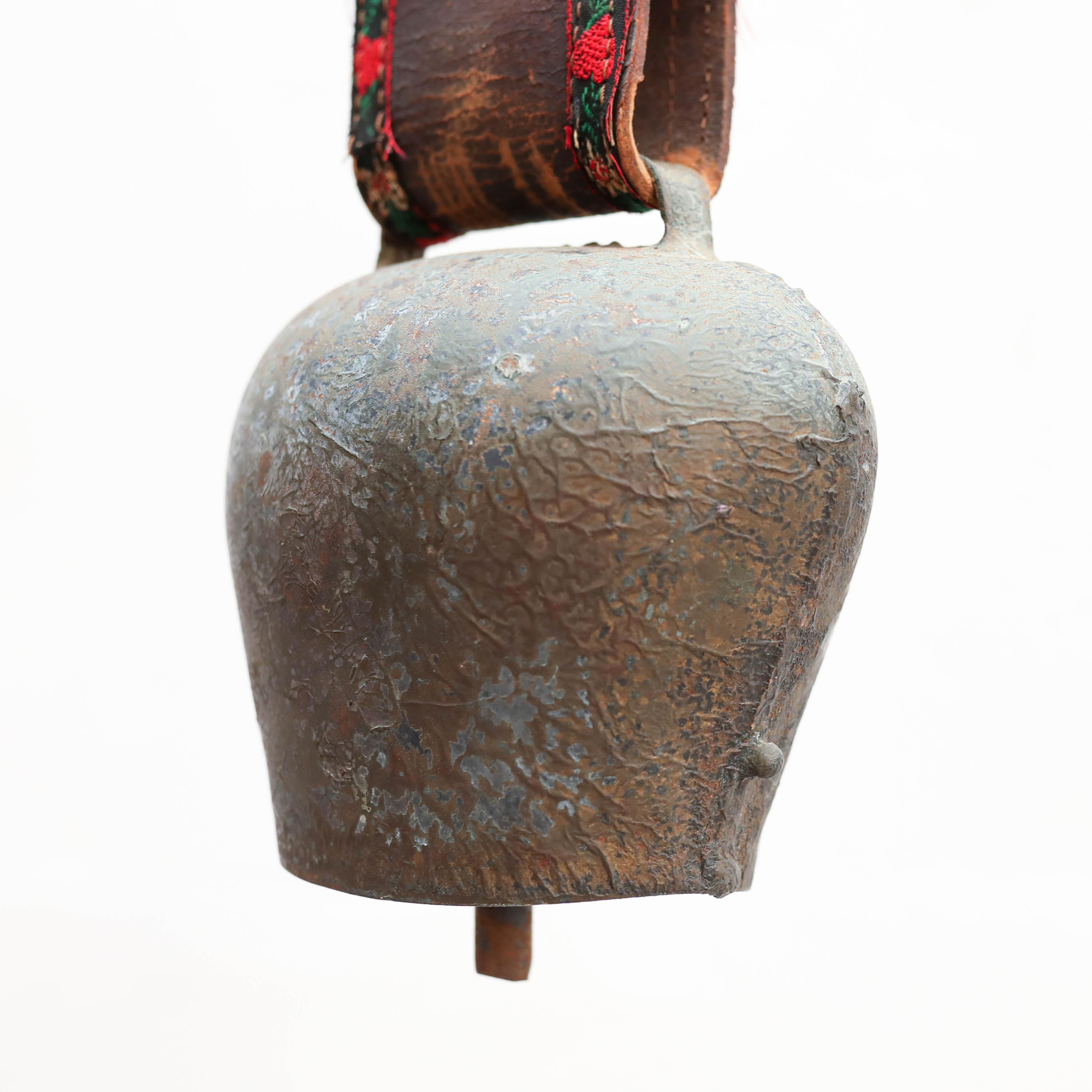 European Traditional French Rustic Bronze and Leather Bell, circa 1960  For Sale