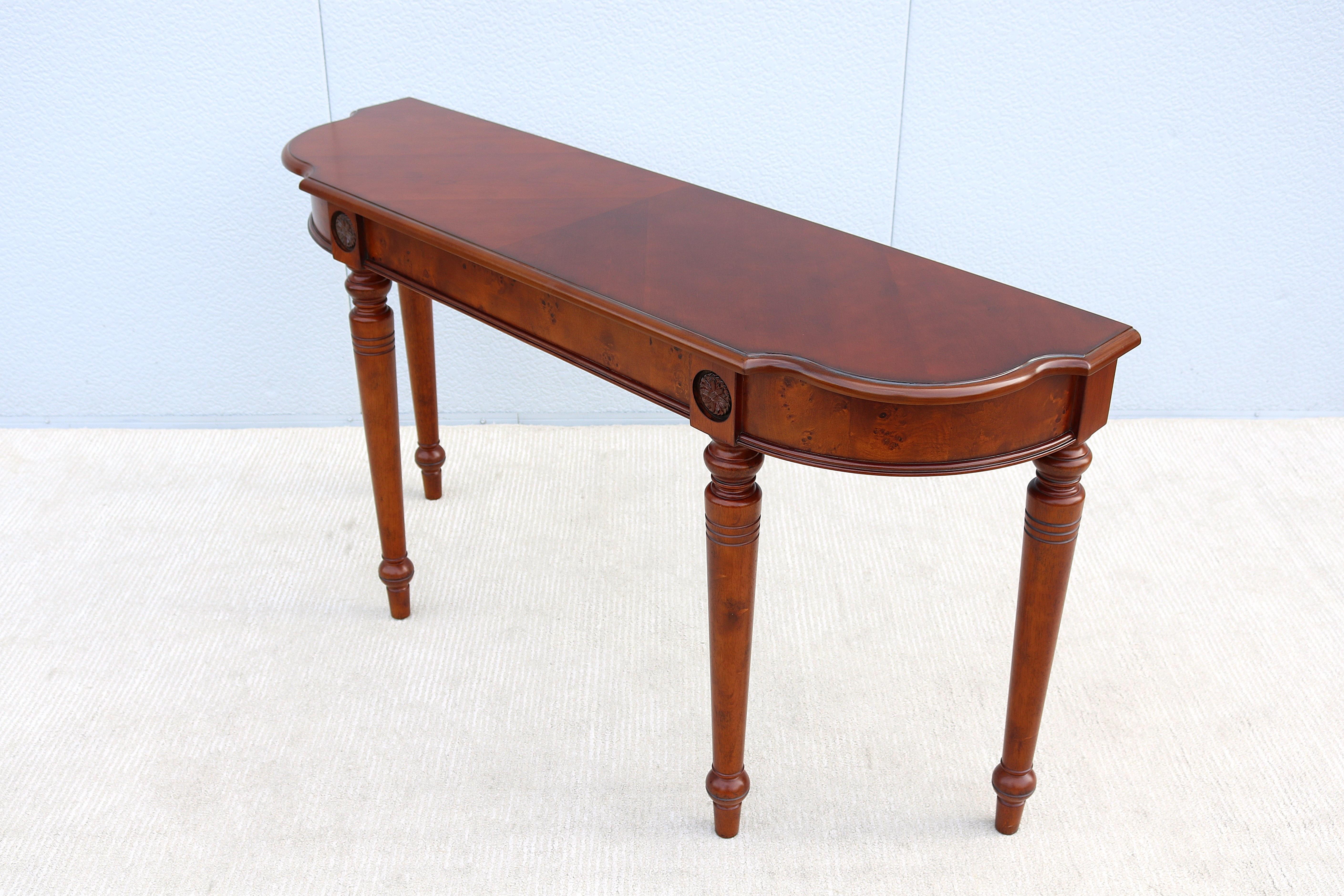 Traditional French Style Cherry and Burl Wood Console Sofa Table For Sale 3