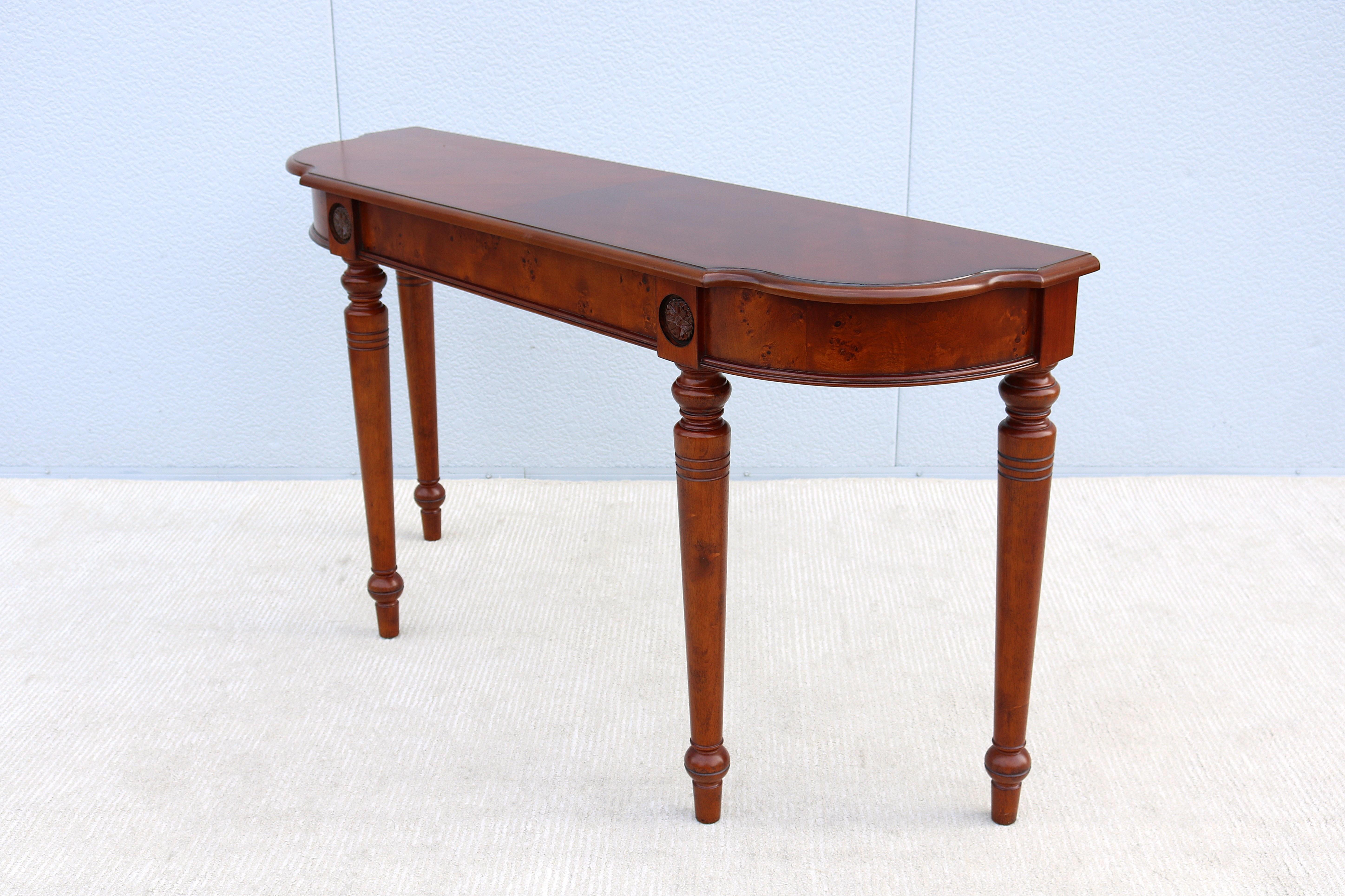 Traditional French Style Cherry and Burl Wood Console Sofa Table For Sale 4